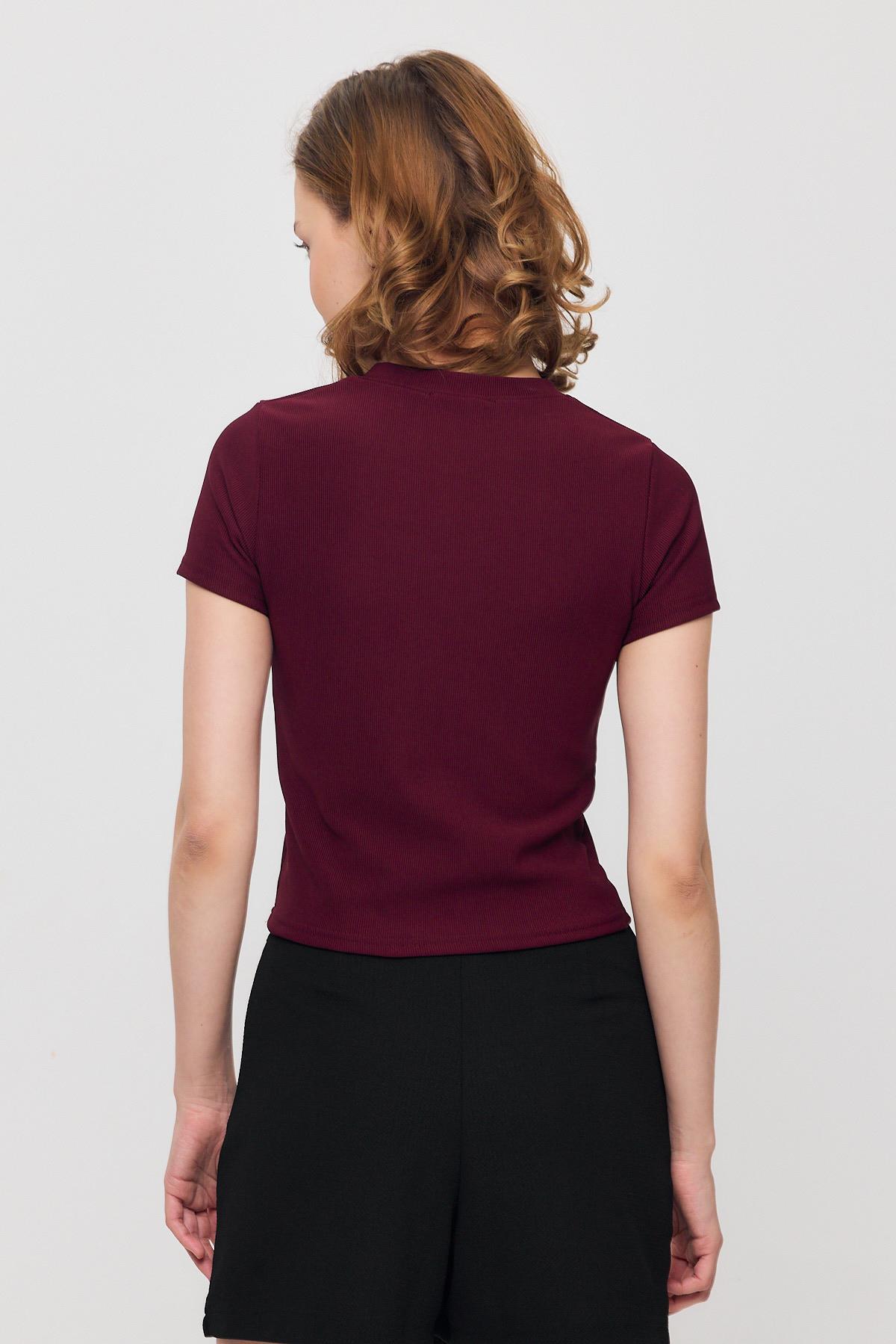 Bordo Kurdele Detay Kısa Kol Tişört 2202 - 5