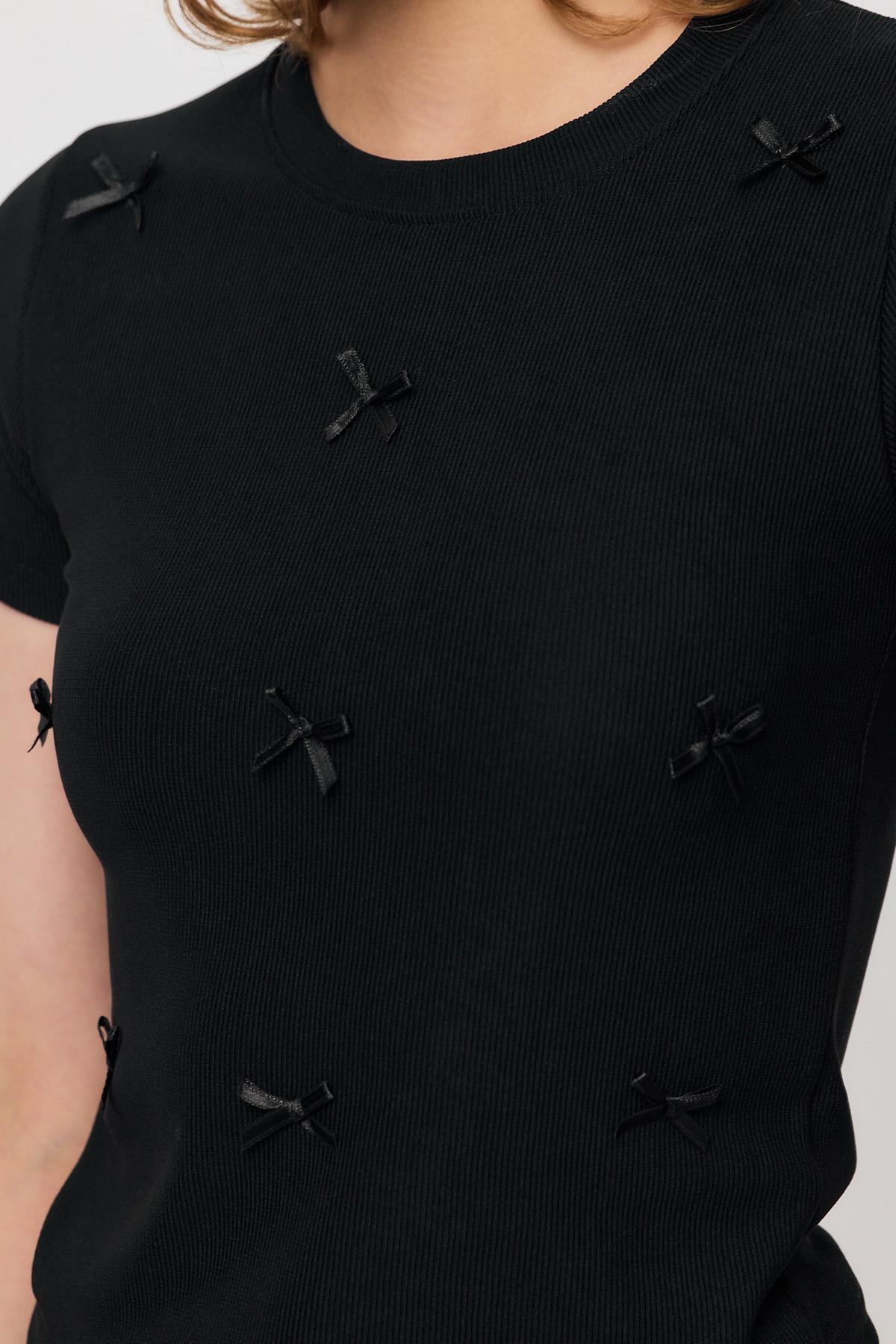 2202 Kurdele Detay Kısa Kol Tişört Siyah - RAYS