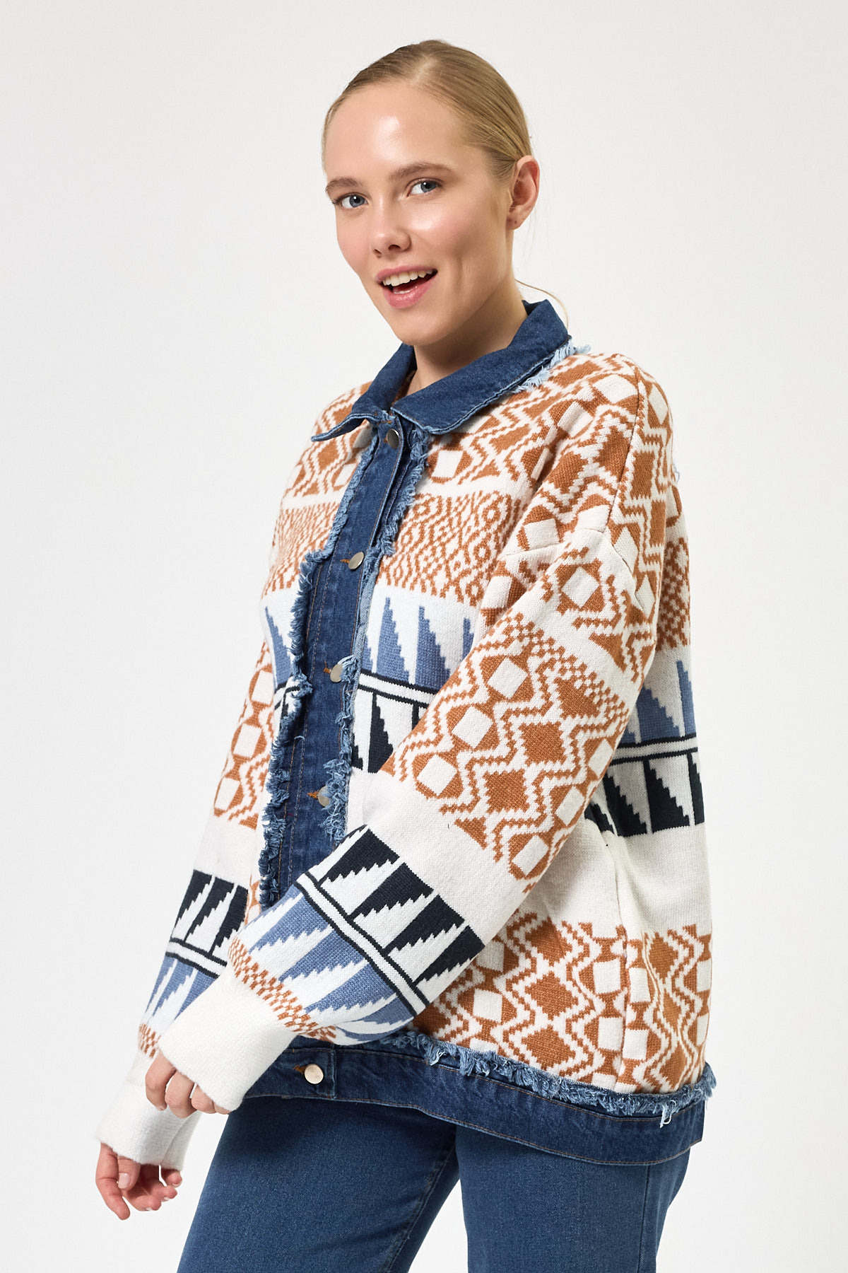 Ekru Desenli Kot Garnili Kadın Triko Ceket 2206 - RAYS (1)