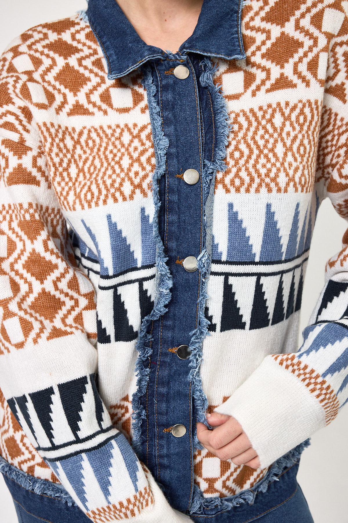 Ekru Desenli Kot Garnili Kadın Triko Ceket 2206 - RAYS