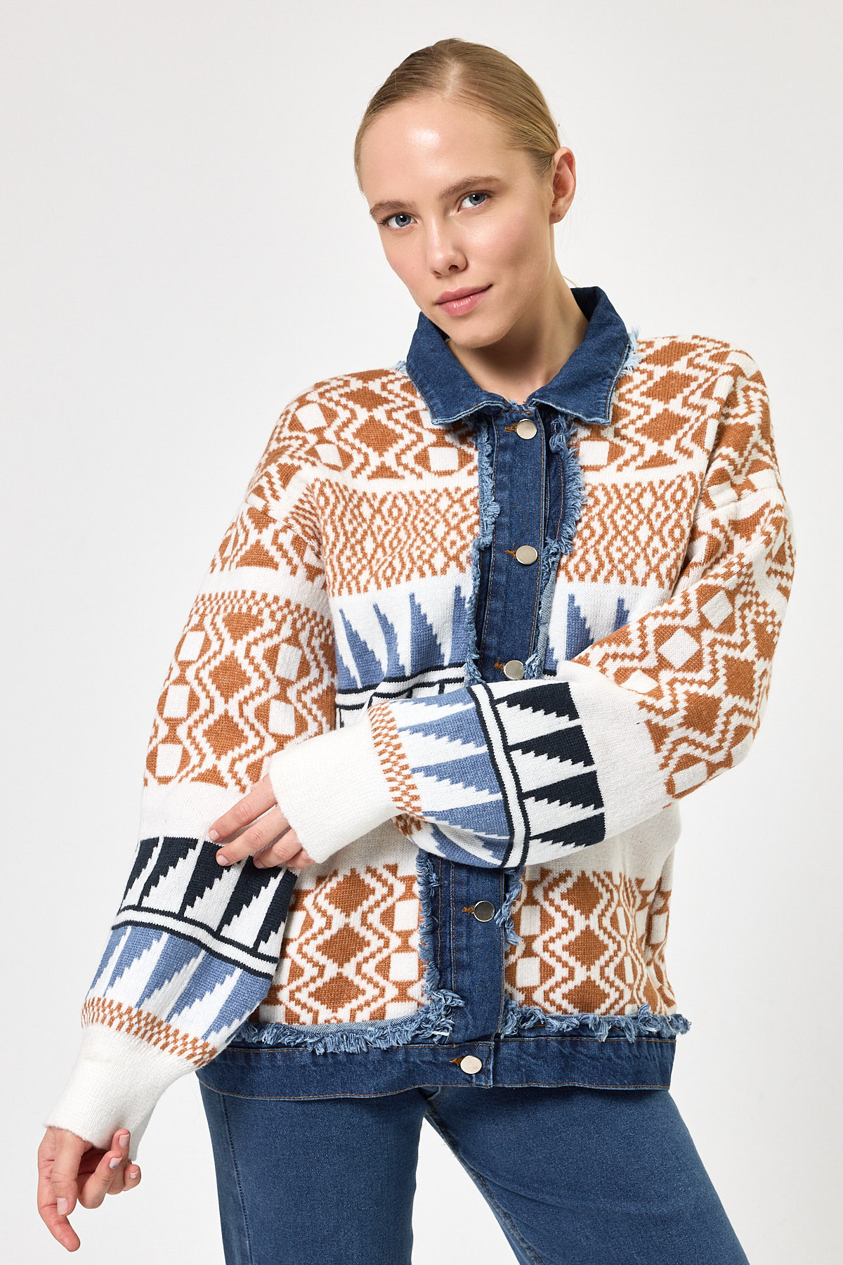 Ekru Desenli Kot Garnili Kadın Triko Ceket 2206 - 6