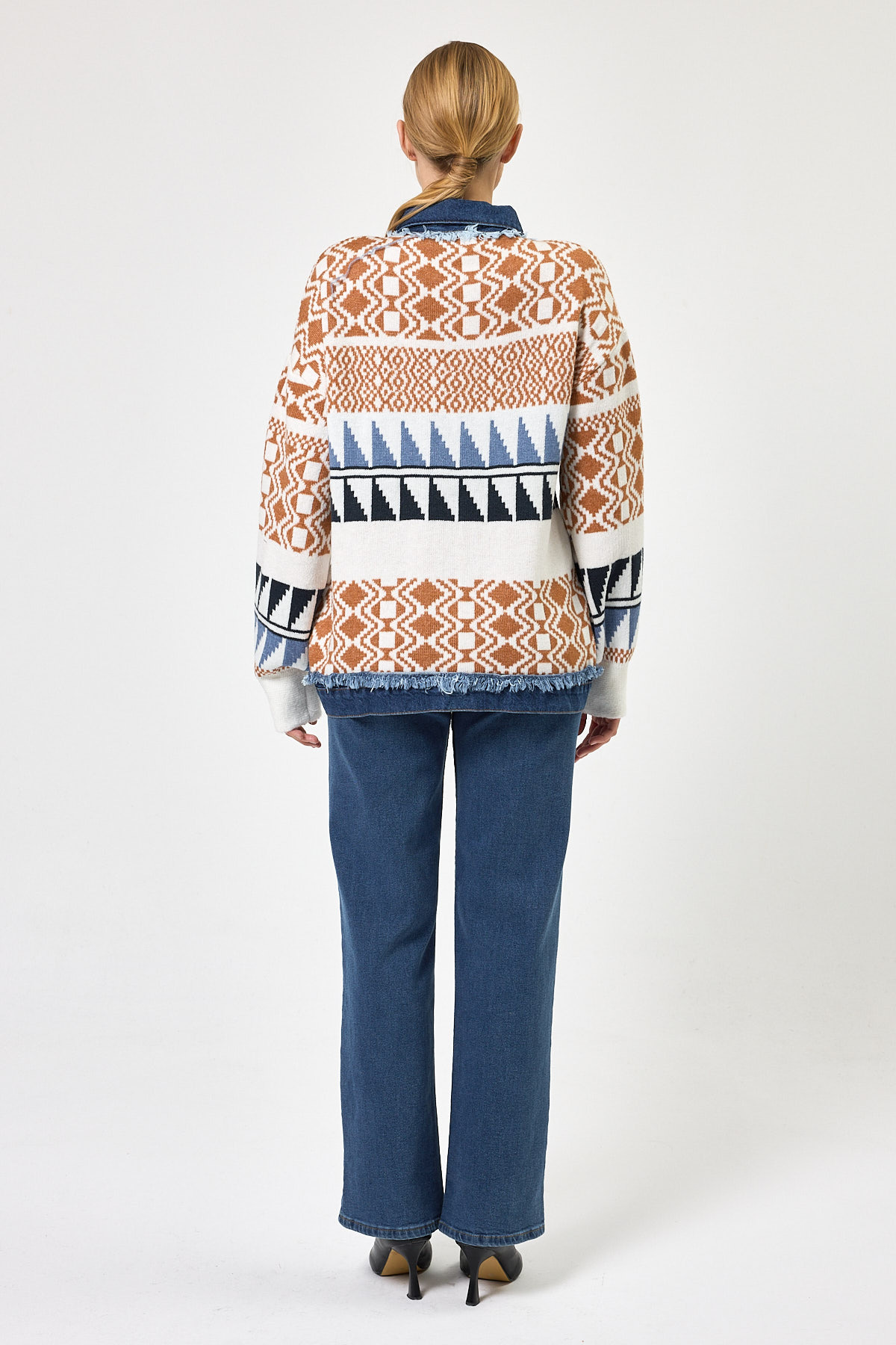 Ekru Desenli Kot Garnili Kadın Triko Ceket 2206 - 5