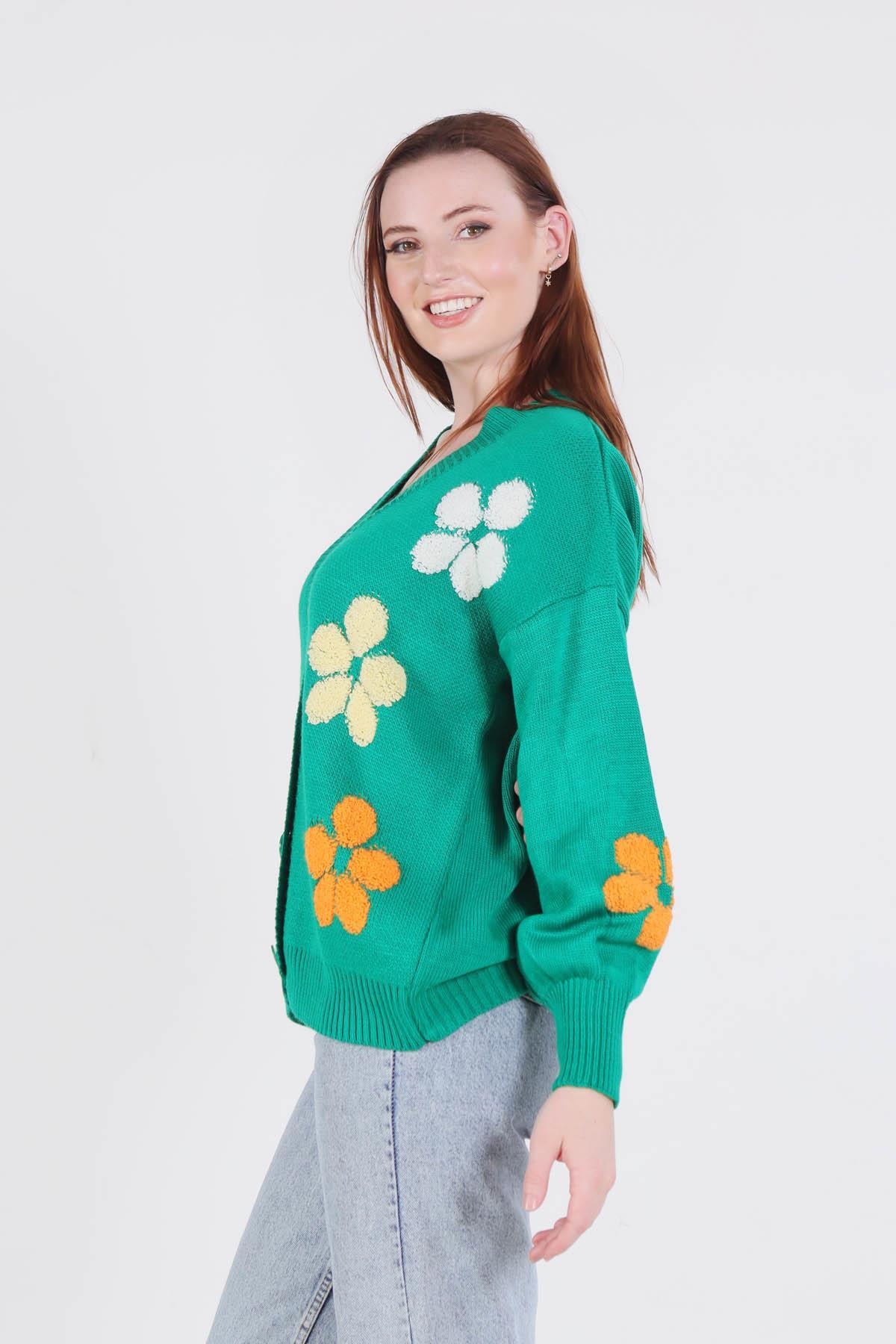 2208 Çiçek Nakışlı Balon Kol Hırka Benetton Yeşili - 2