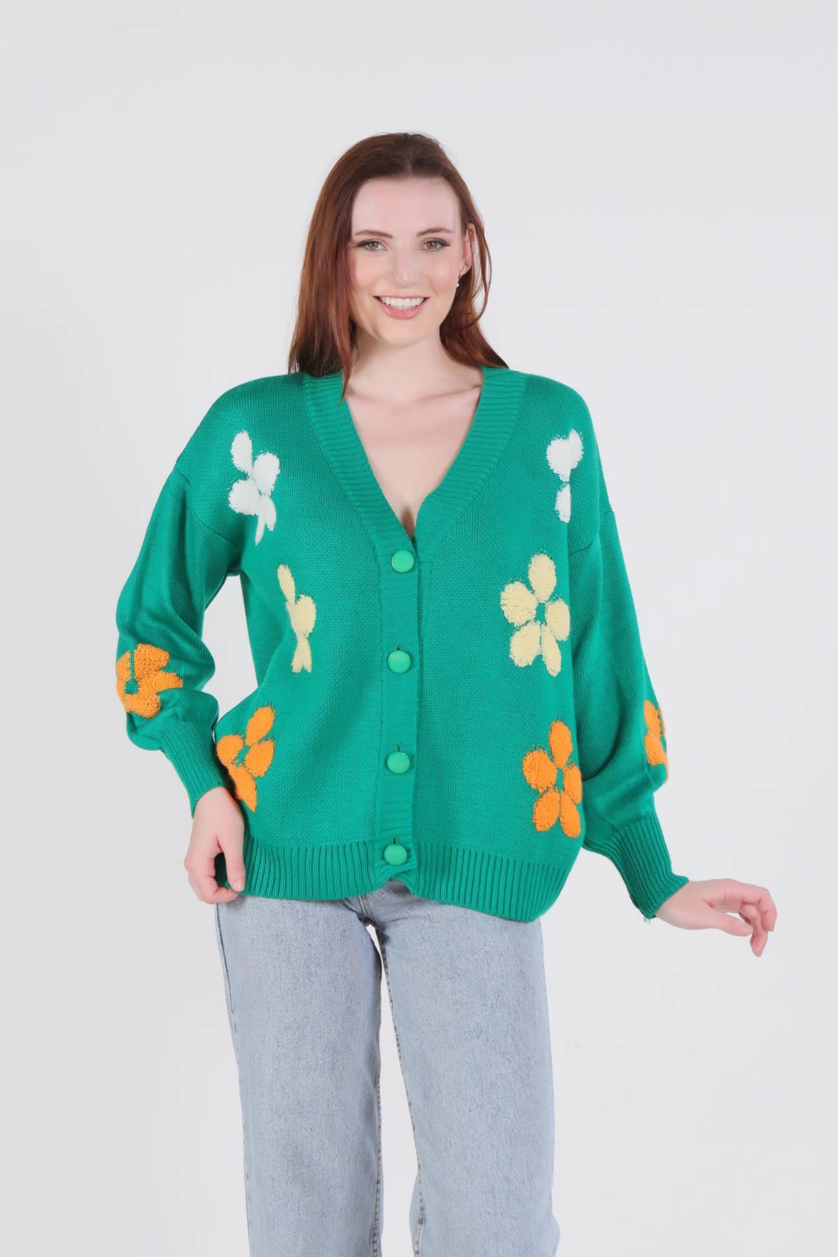 Benetton Yeşili Çiçek Nakışlı Balon Kol Hırka 2208 - 1