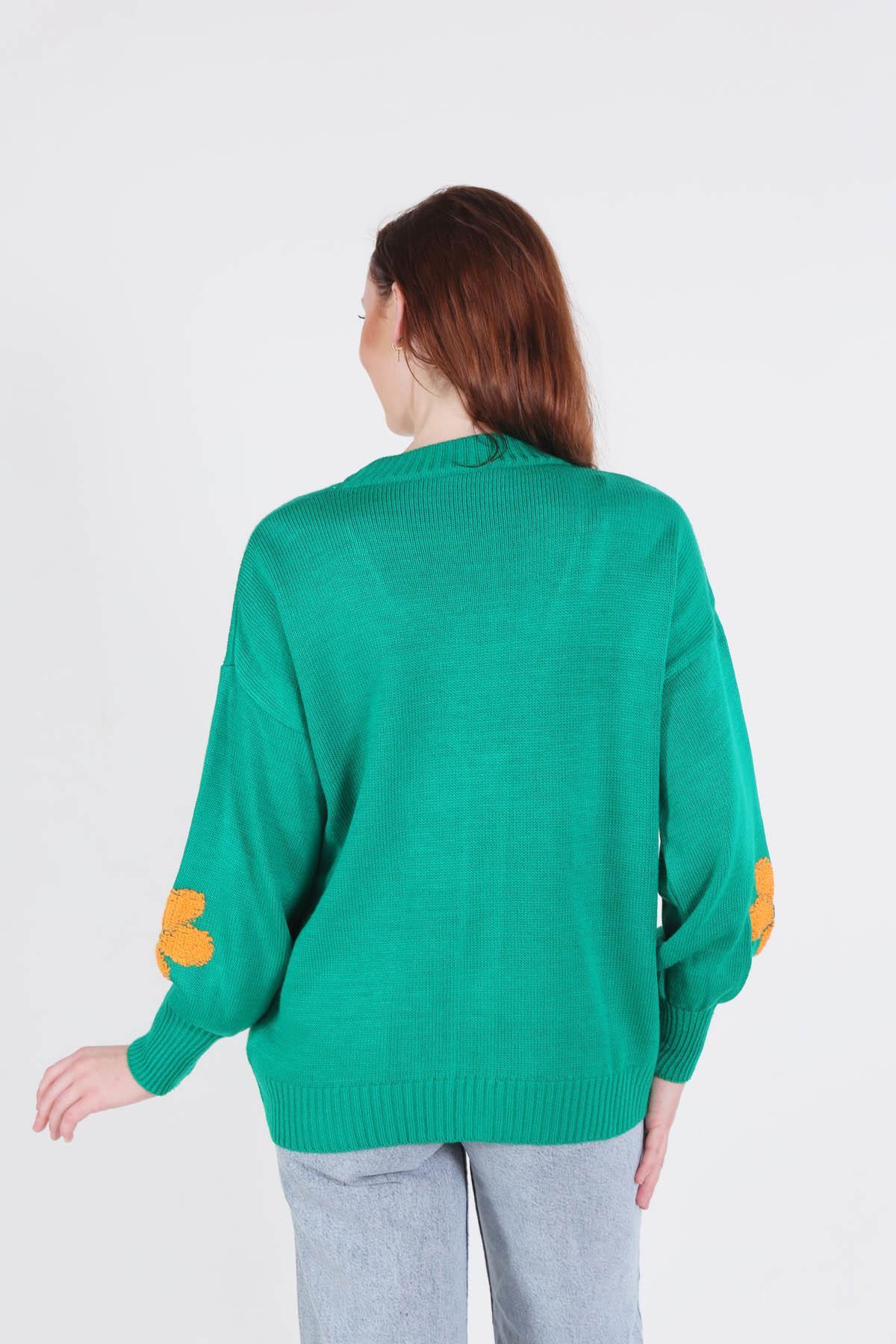 Benetton Yeşili Çiçek Nakışlı Balon Kol Hırka 2208 - 3