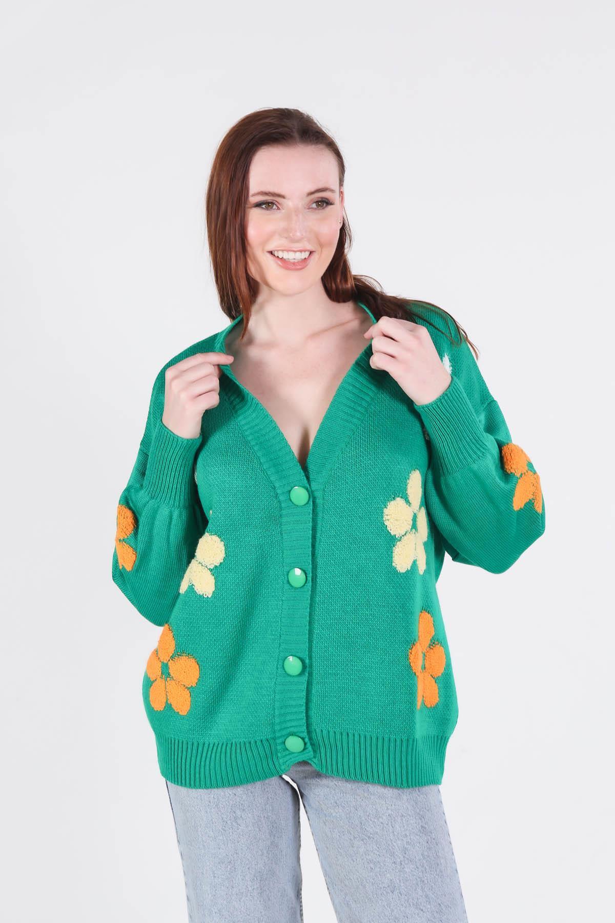 Benetton Yeşili Çiçek Nakışlı Balon Kol Hırka 2208 - 4