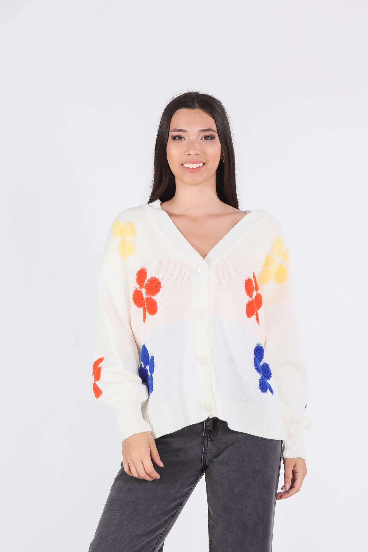 Ekru Çiçek Nakışlı Balon Kol Hırka 2208 - 2