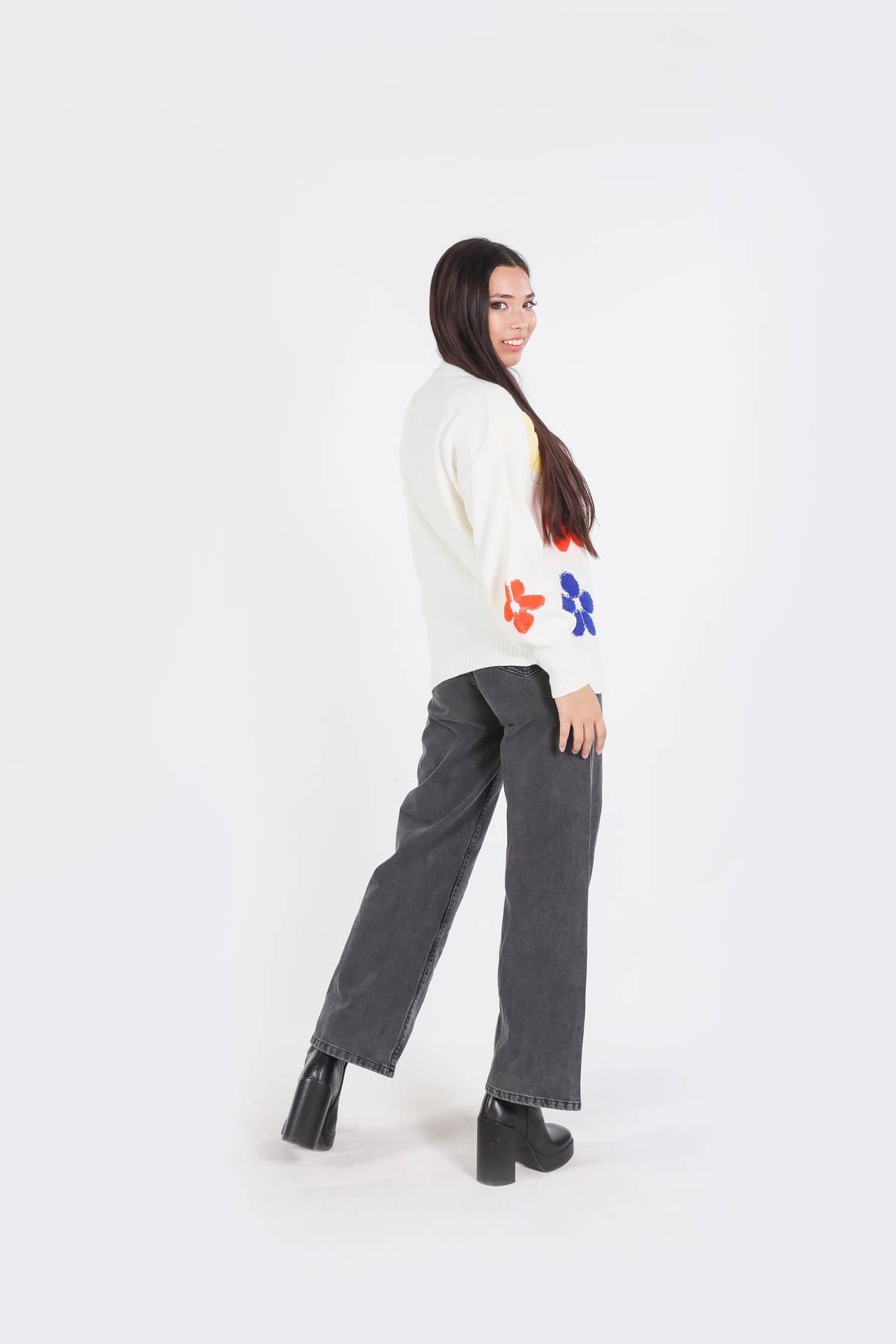 Ekru Çiçek Nakışlı Balon Kol Hırka 2208 - 5