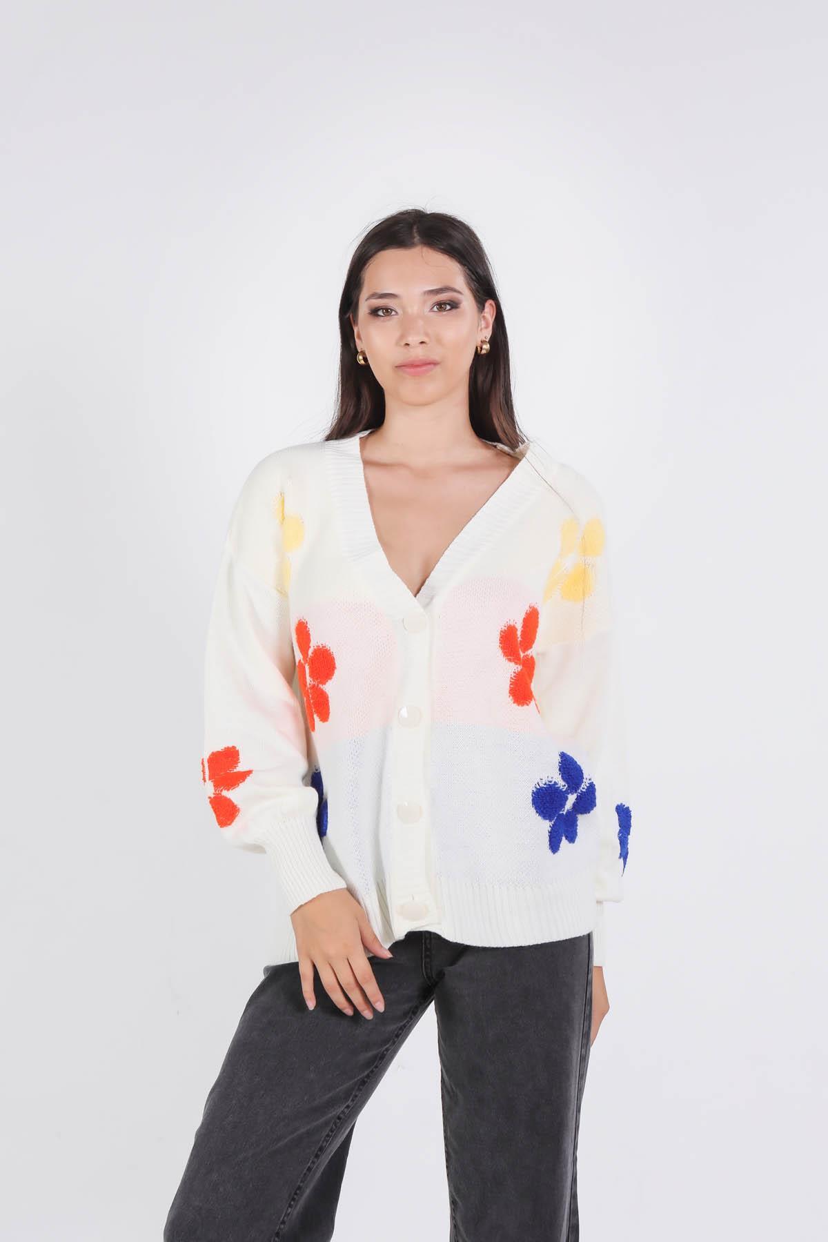 Ekru Çiçek Nakışlı Balon Kol Hırka 2208 - 8