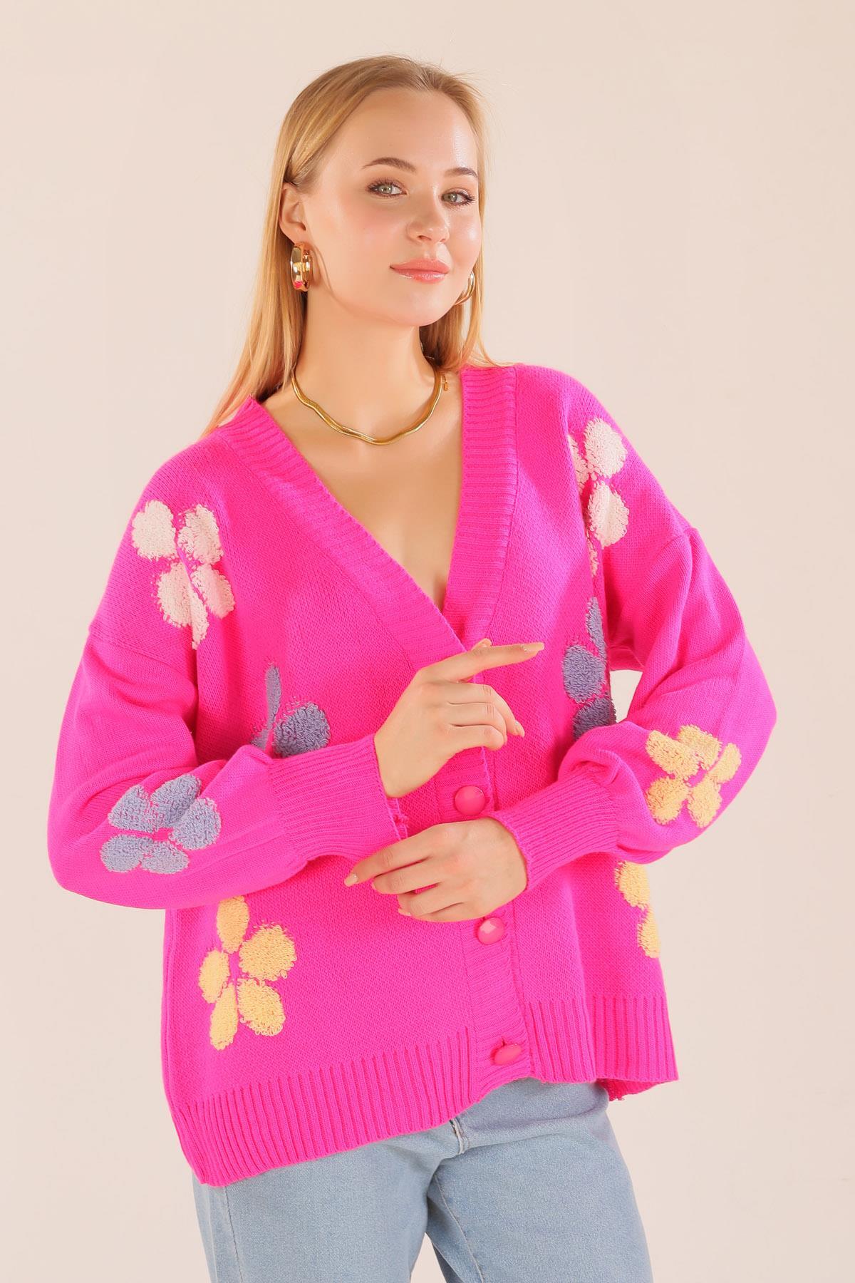 2208 Çiçek Nakışlı Balon Kol Hırka Fuşya - 2