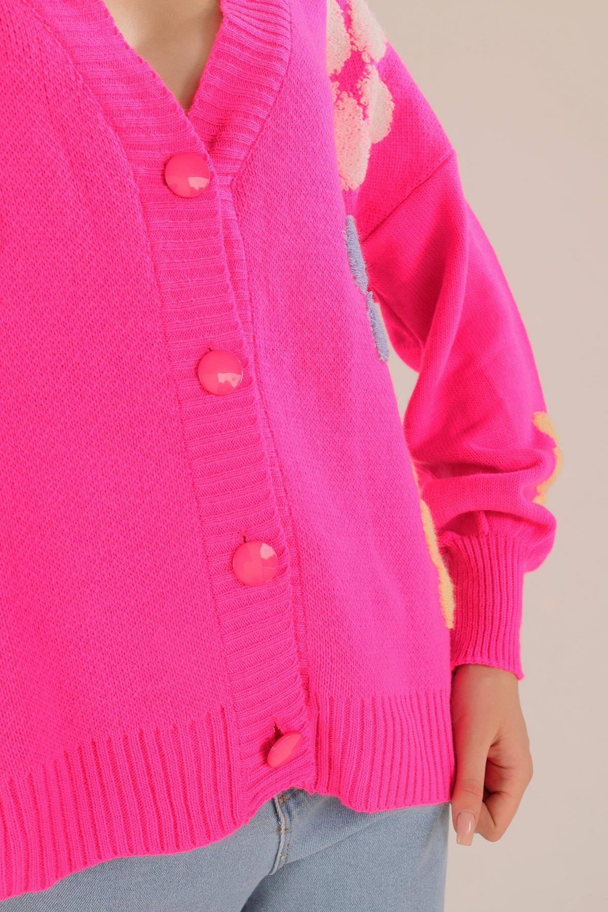 2208 Çiçek Nakışlı Balon Kol Hırka Fuşya - 4