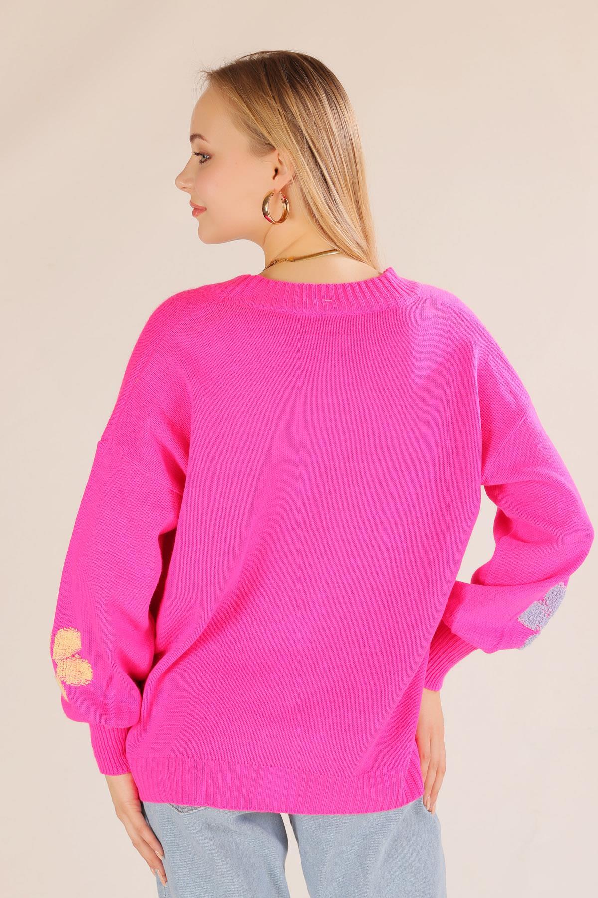 2208 Çiçek Nakışlı Balon Kol Hırka Fuşya - 5