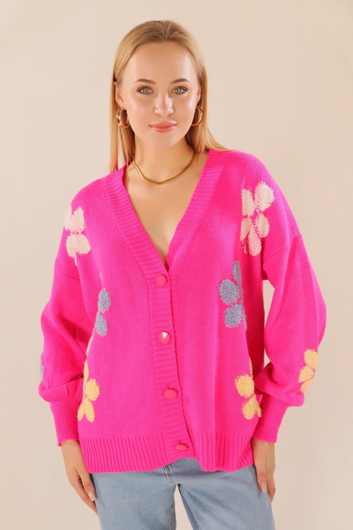 Fuşya Çiçek Nakışlı Balon Kol Hırka 2208 