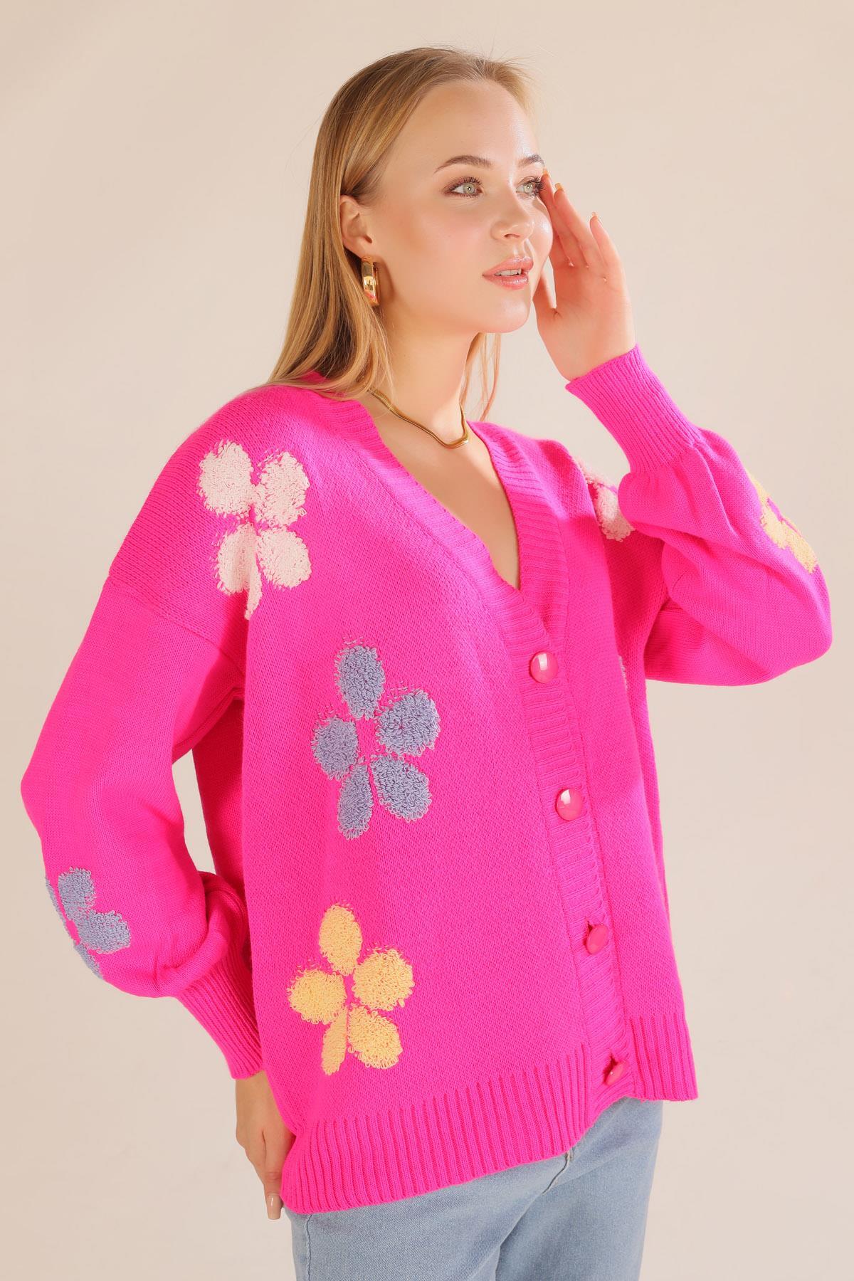 Fuşya Çiçek Nakışlı Balon Kol Hırka 2208 - 3