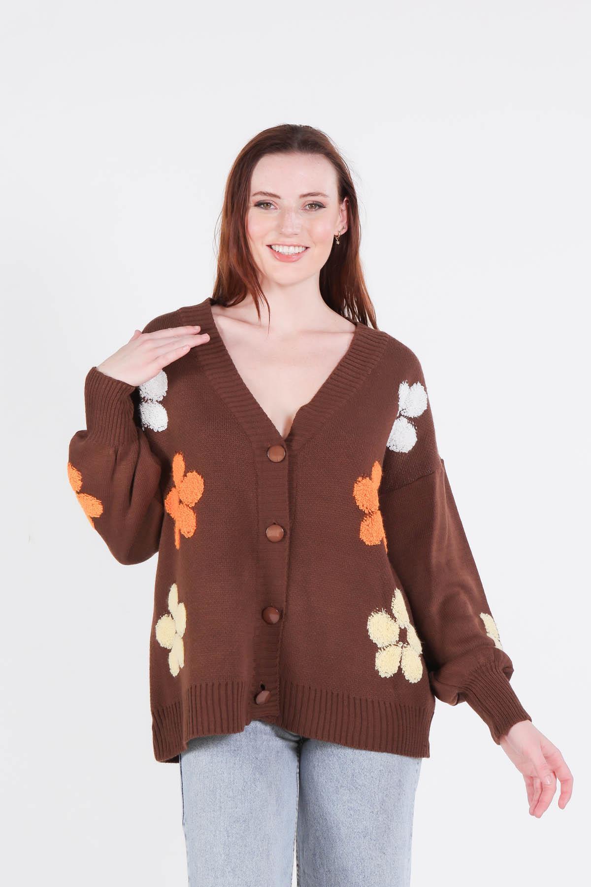 Kahve Çiçek Nakışlı Balon Kol Hırka 2208 