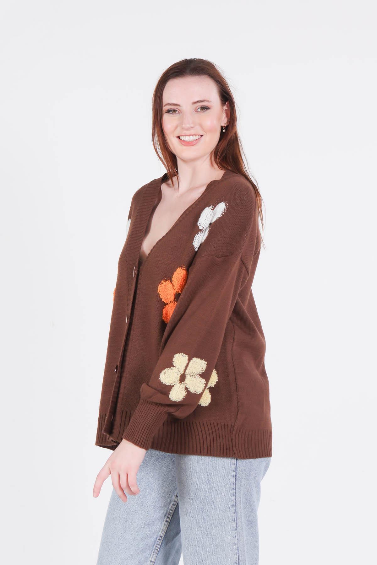 Kahve Çiçek Nakışlı Balon Kol Hırka 2208 - 2
