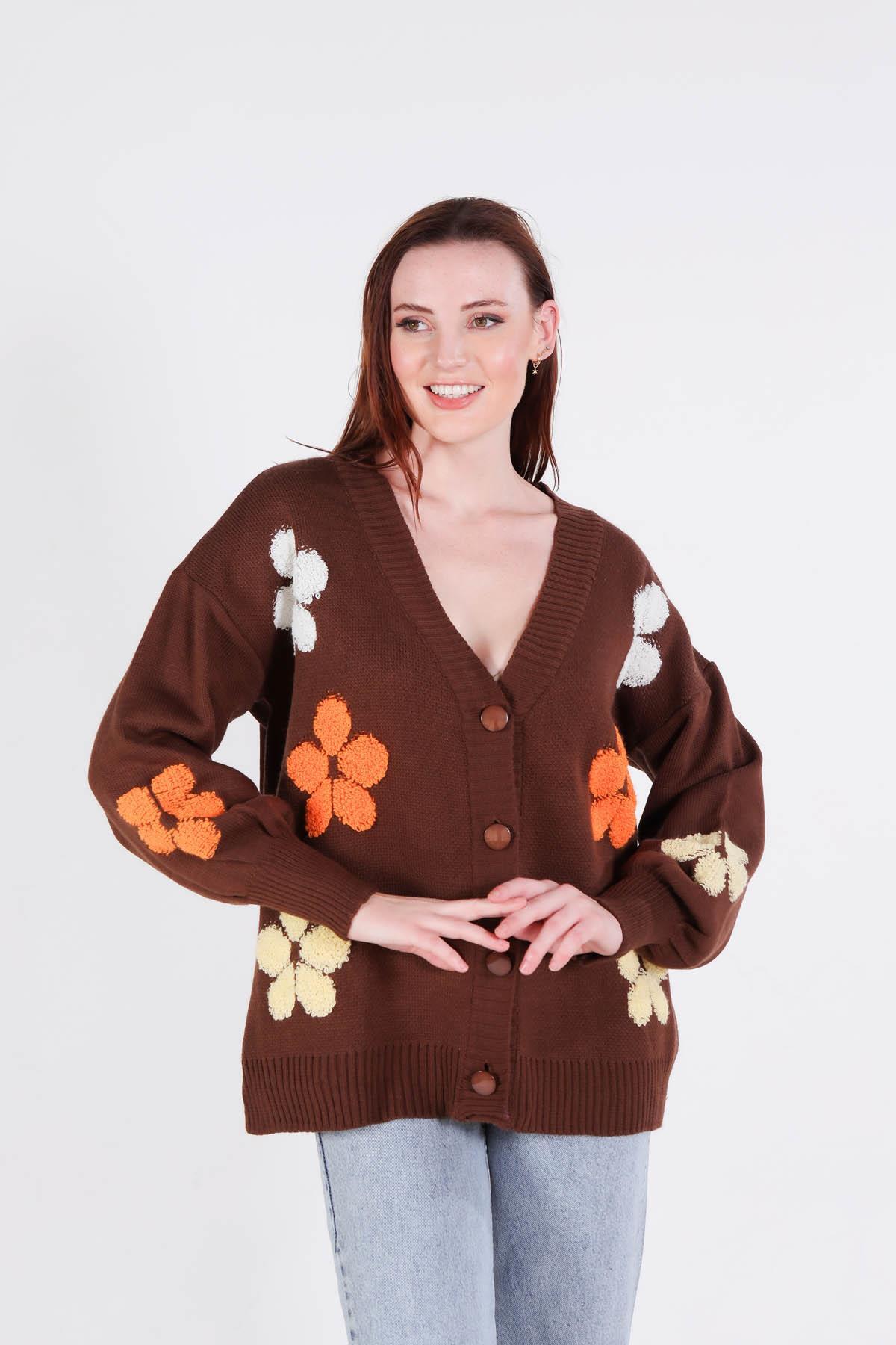 Kahve Çiçek Nakışlı Balon Kol Hırka 2208 - 4