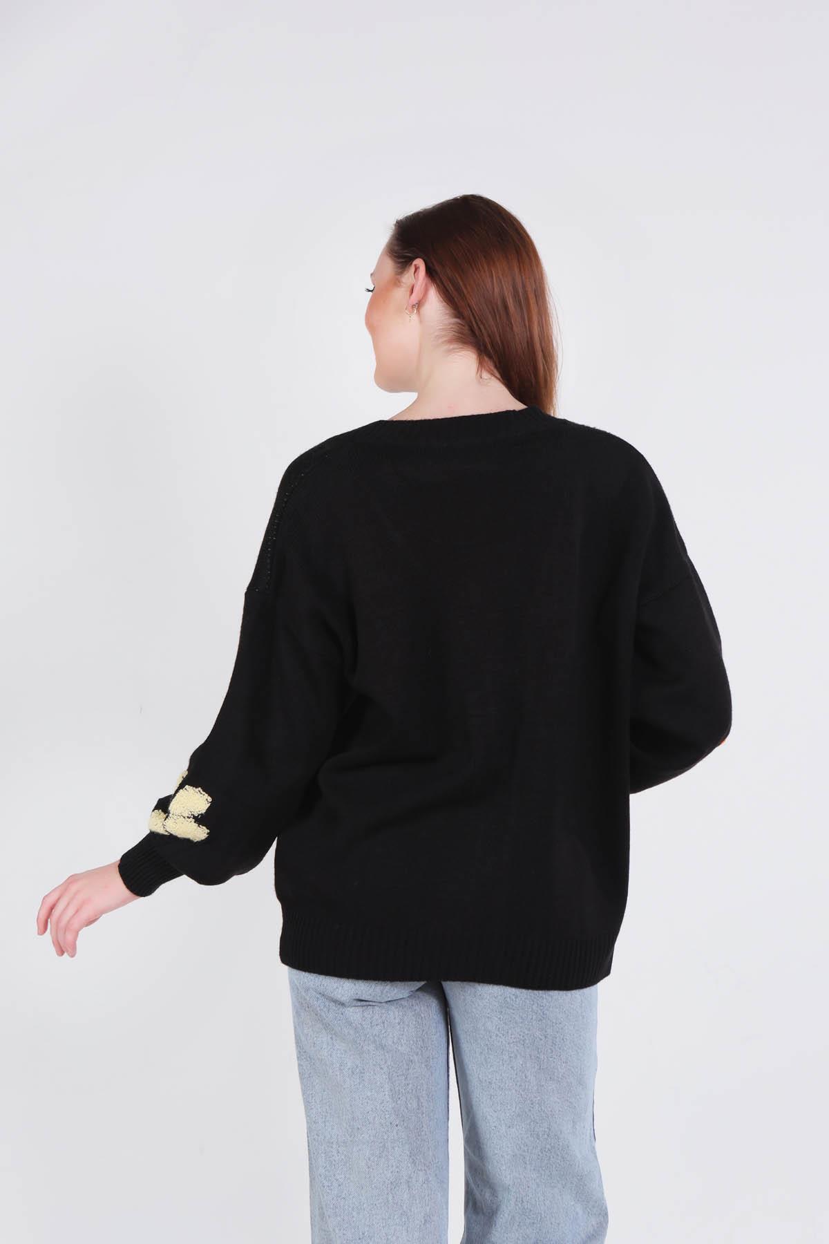 2208 Çiçek Nakışlı Balon Kol Hırka Siyah - 4