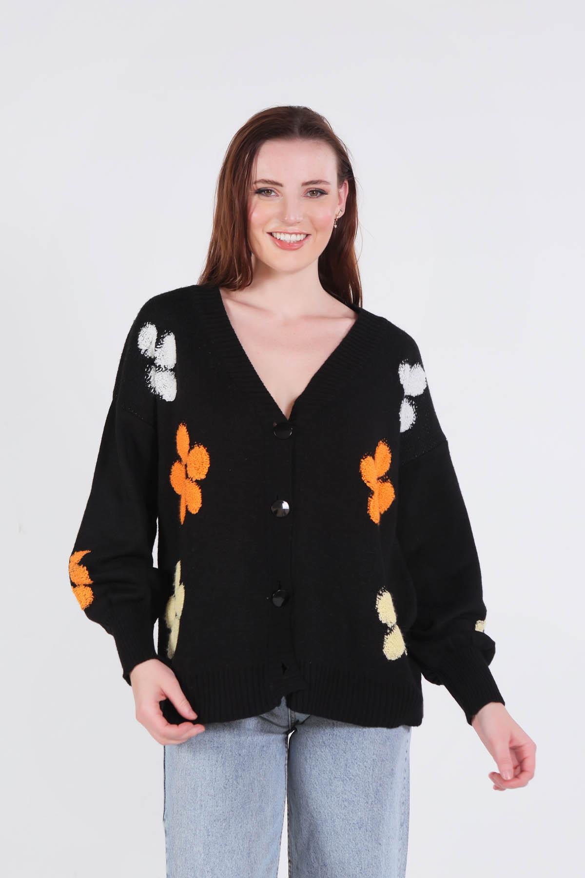 2208 Çiçek Nakışlı Balon Kol Hırka Siyah - 2