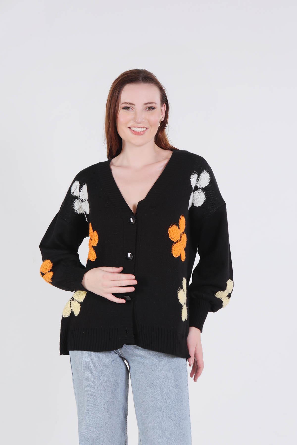 Siyah Çiçek Nakışlı Balon Kol Hırka 2208 