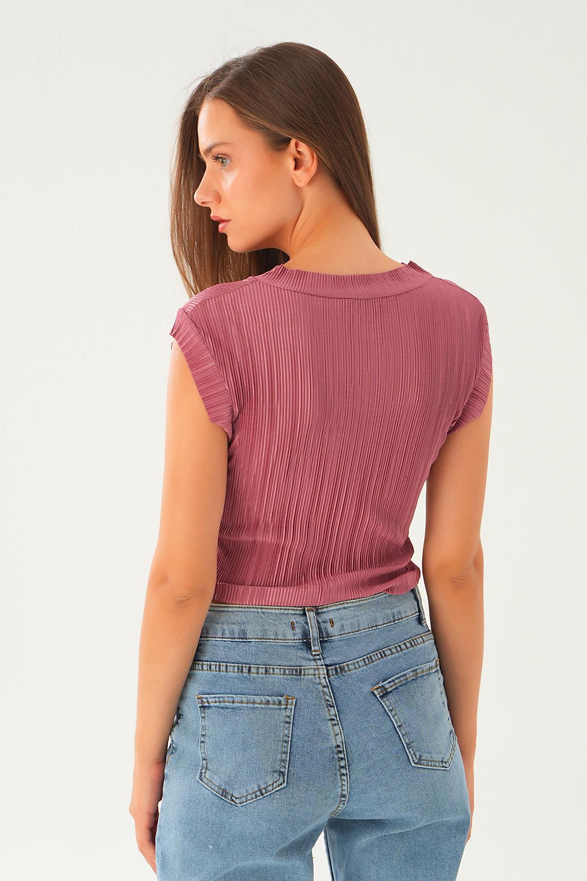 221 Sıfır Kol Pliseli Tişört Gül - 5