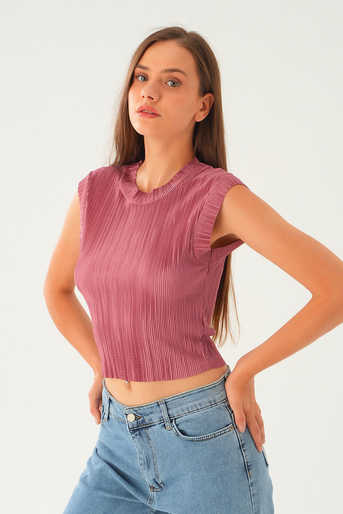 Gül Sıfır Kol Pliseli Tişört 221 - 2