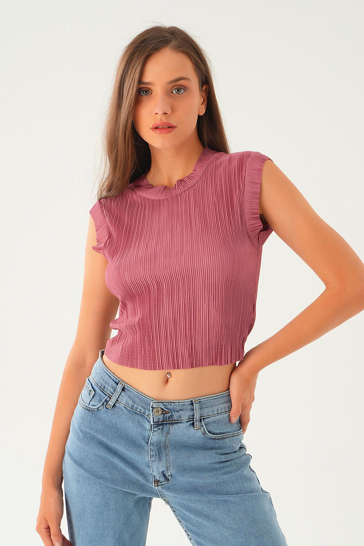 Gül Sıfır Kol Pliseli Tişört 221 - 3