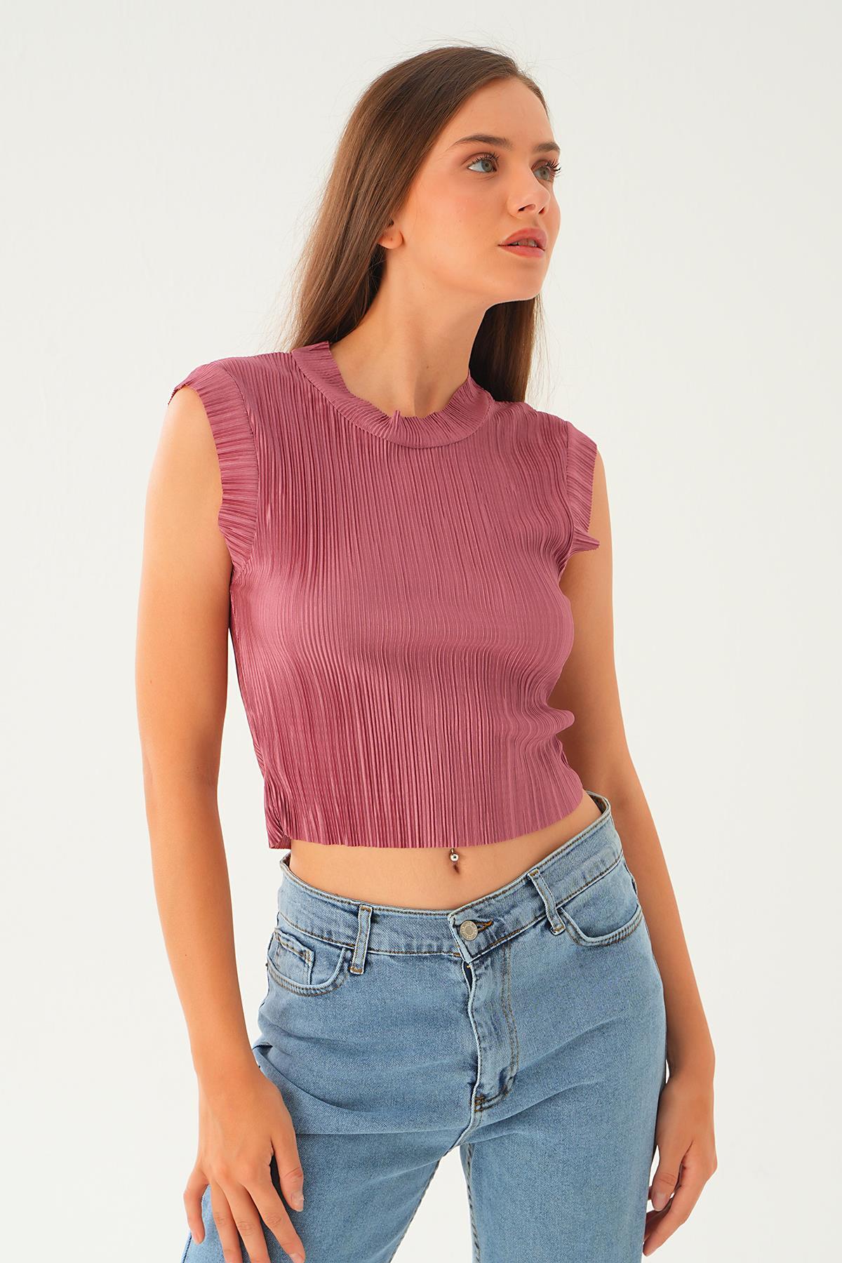 Gül Sıfır Kol Pliseli Tişört 221 - 4