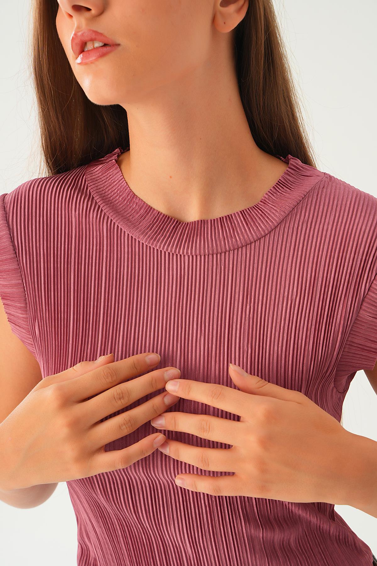 Gül Sıfır Kol Pliseli Tişört 221 - 6