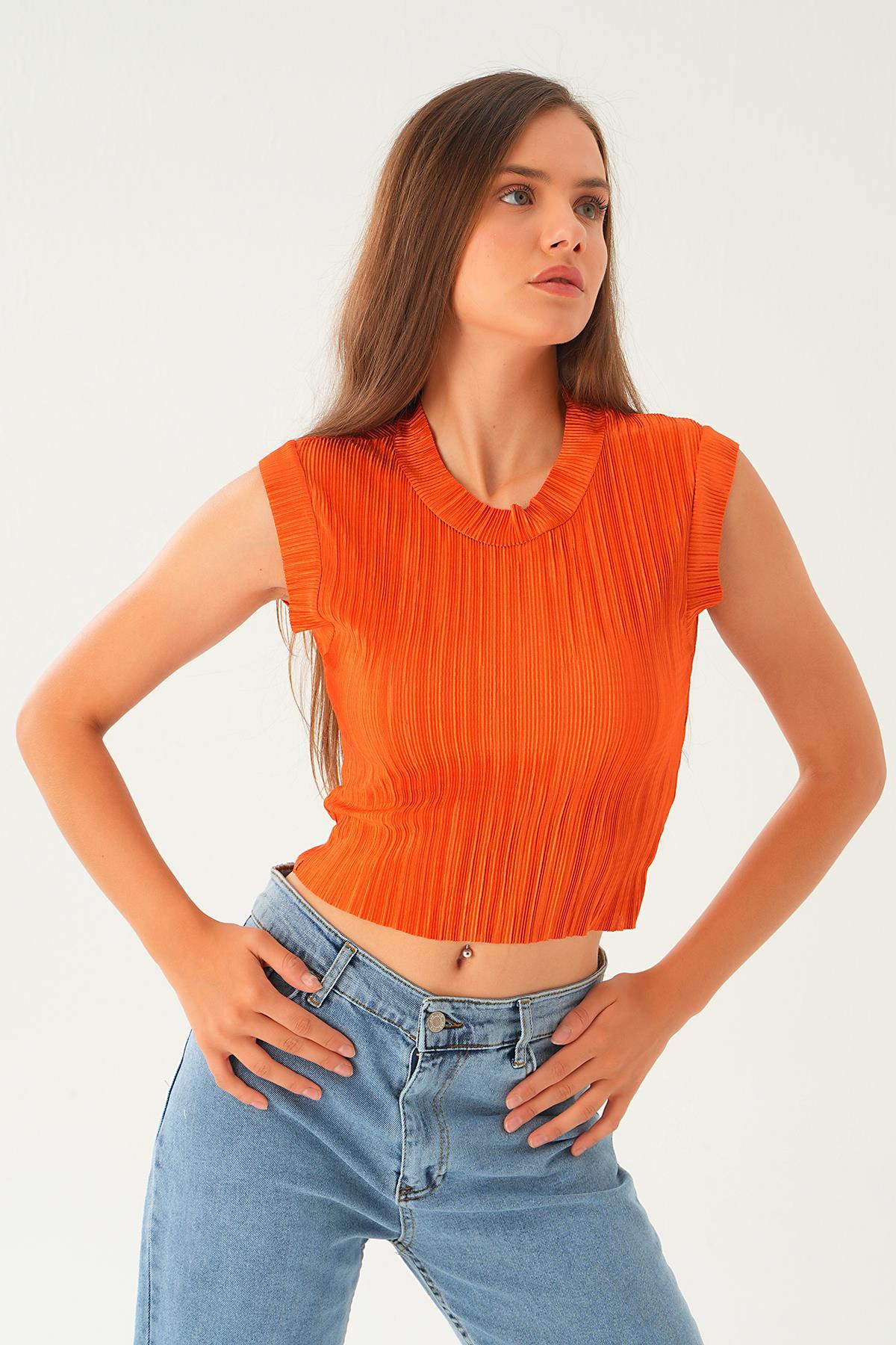 221 Sıfır Kol Pliseli Tişört Kiremit - 2