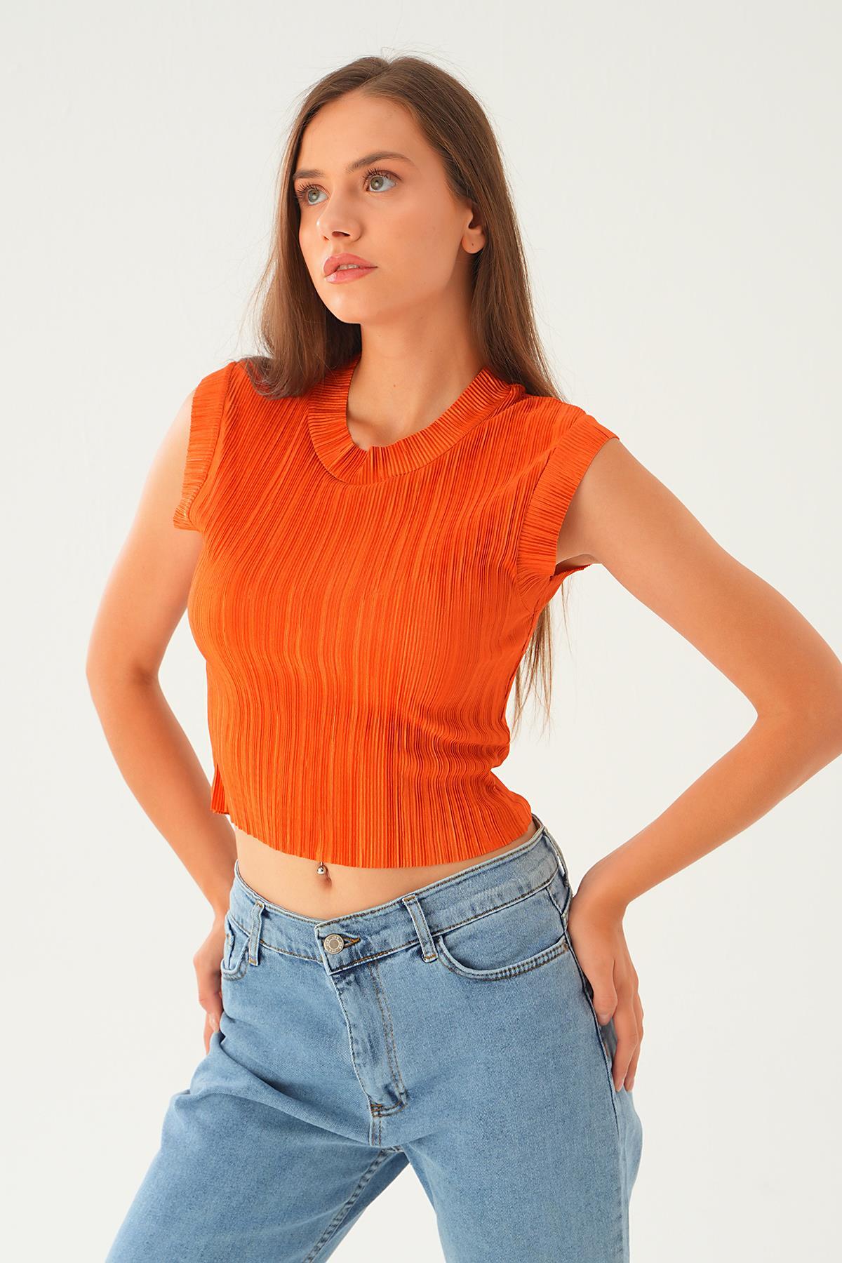 221 Sıfır Kol Pliseli Tişört Kiremit - 3