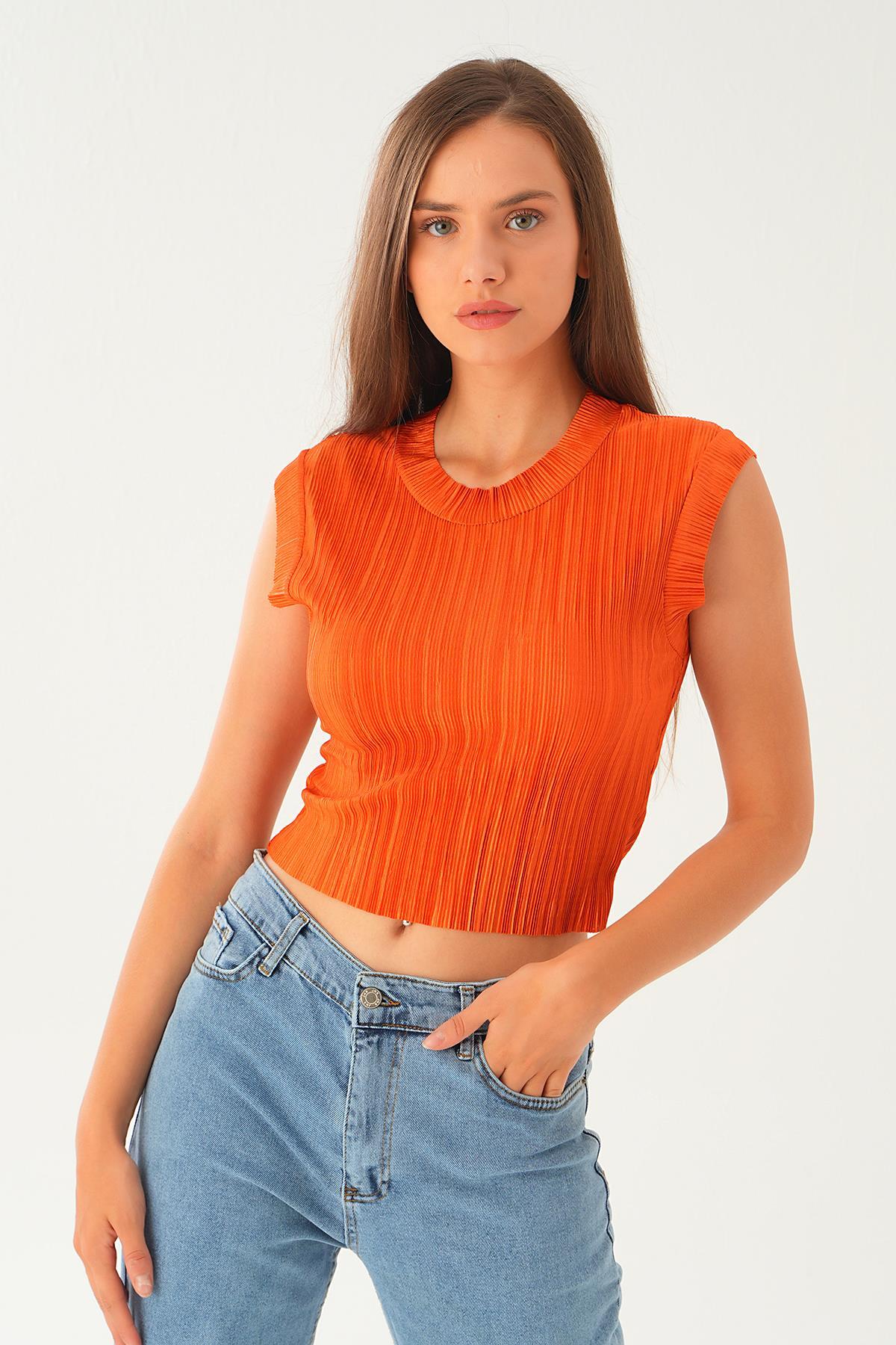 221 Sıfır Kol Pliseli Tişört Kiremit - 6