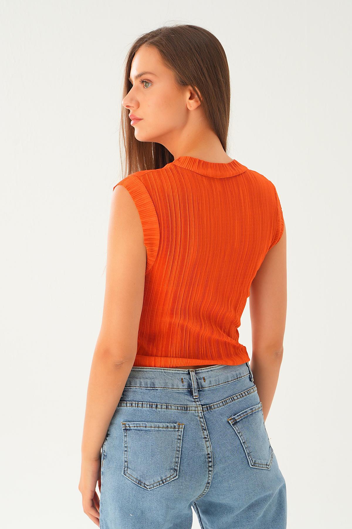 Kiremit Sıfır Kol Pliseli Tişört 221 - 4