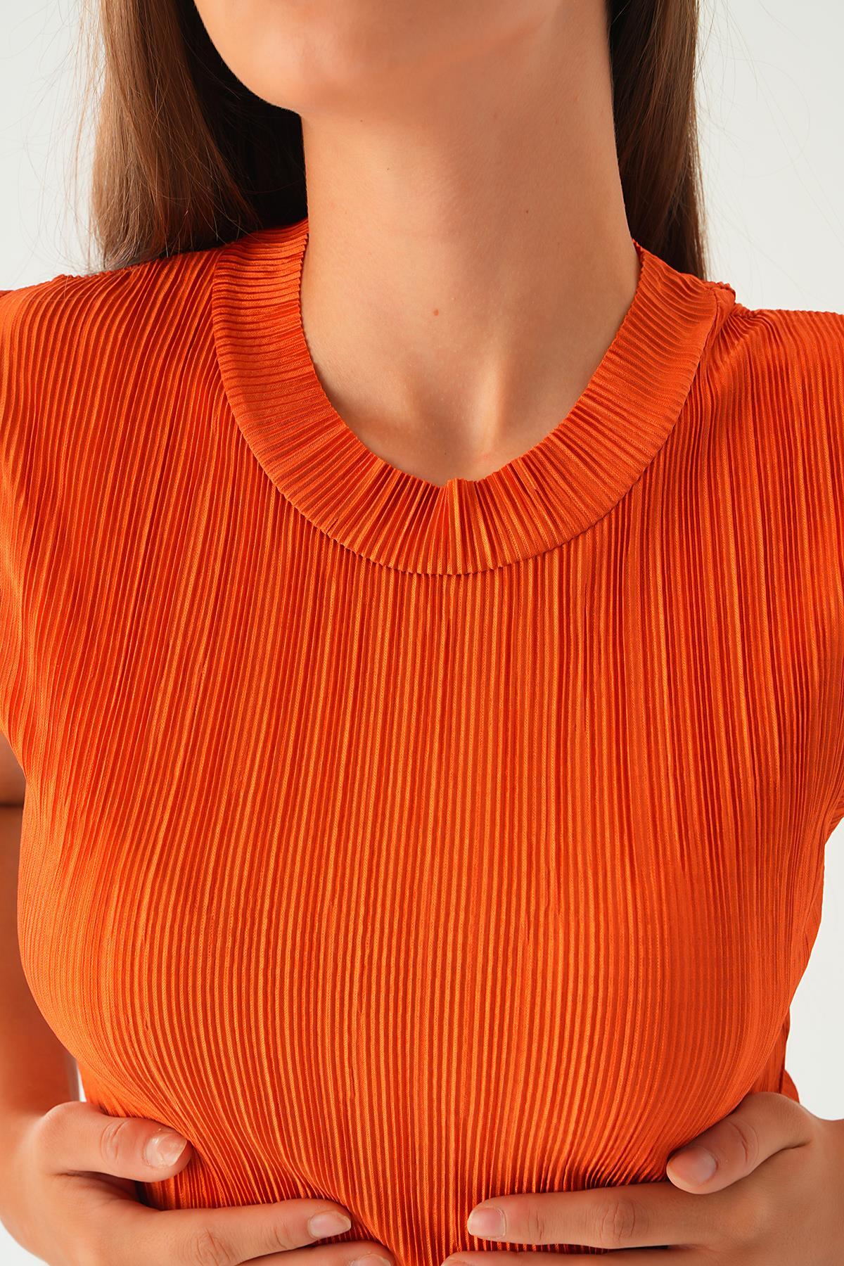 Kiremit Sıfır Kol Pliseli Tişört 221 - 5