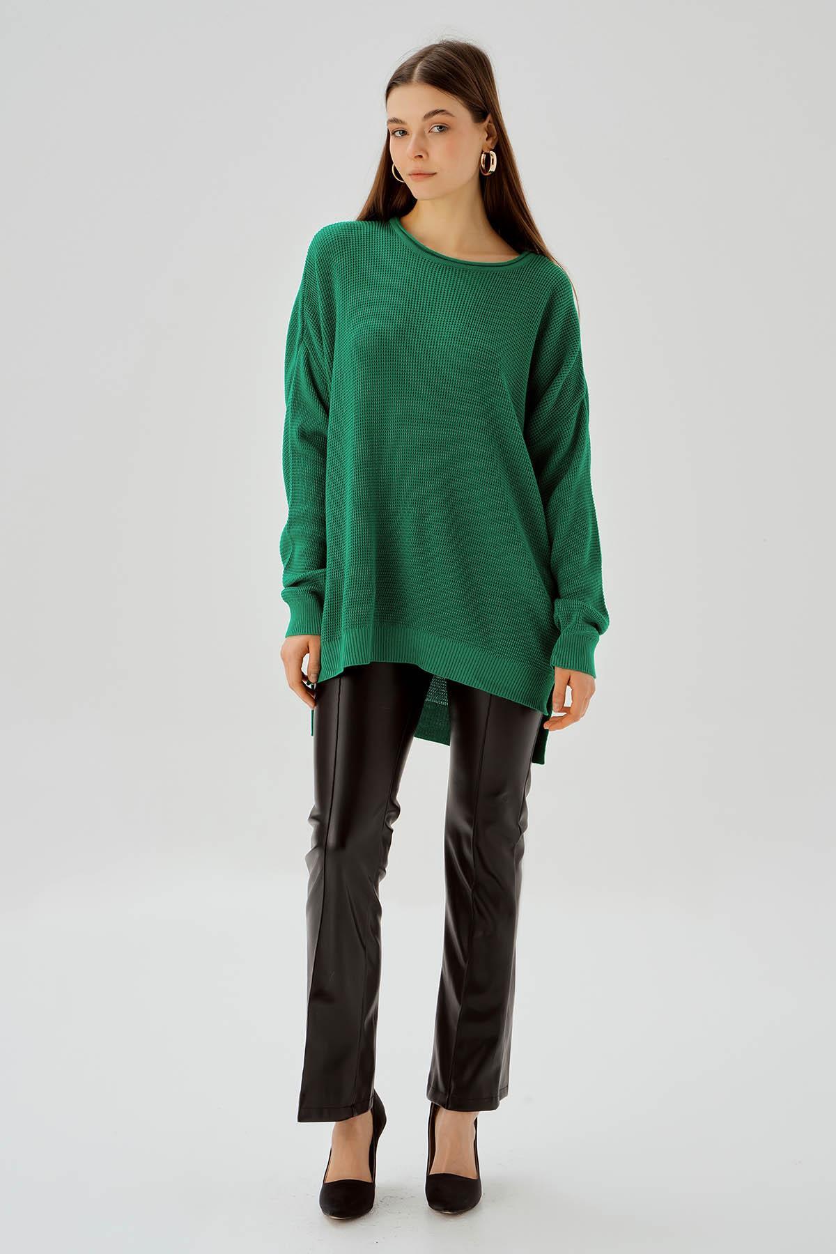 Benetton Yeşili Bisiklet Yaka Yırtmaçlı Kazak 2210 