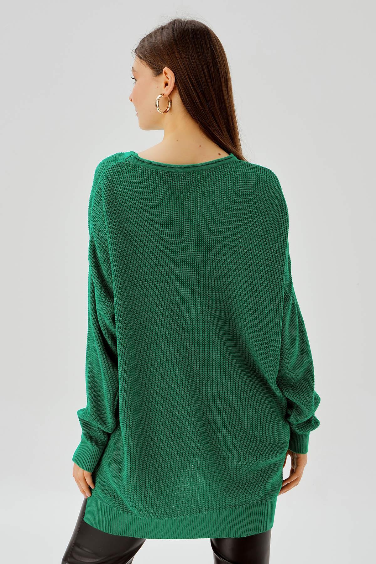 Benetton Yeşili Bisiklet Yaka Yırtmaçlı Kazak 2210 - 5