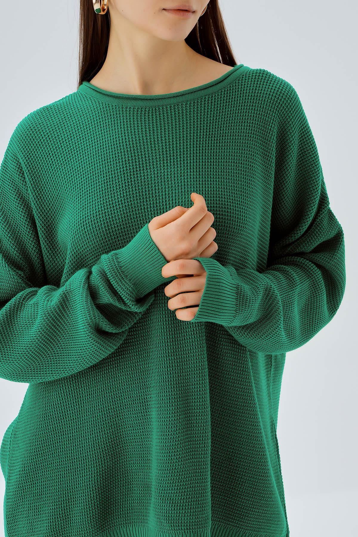 Benetton Yeşili Bisiklet Yaka Yırtmaçlı Kazak 2210 - 6