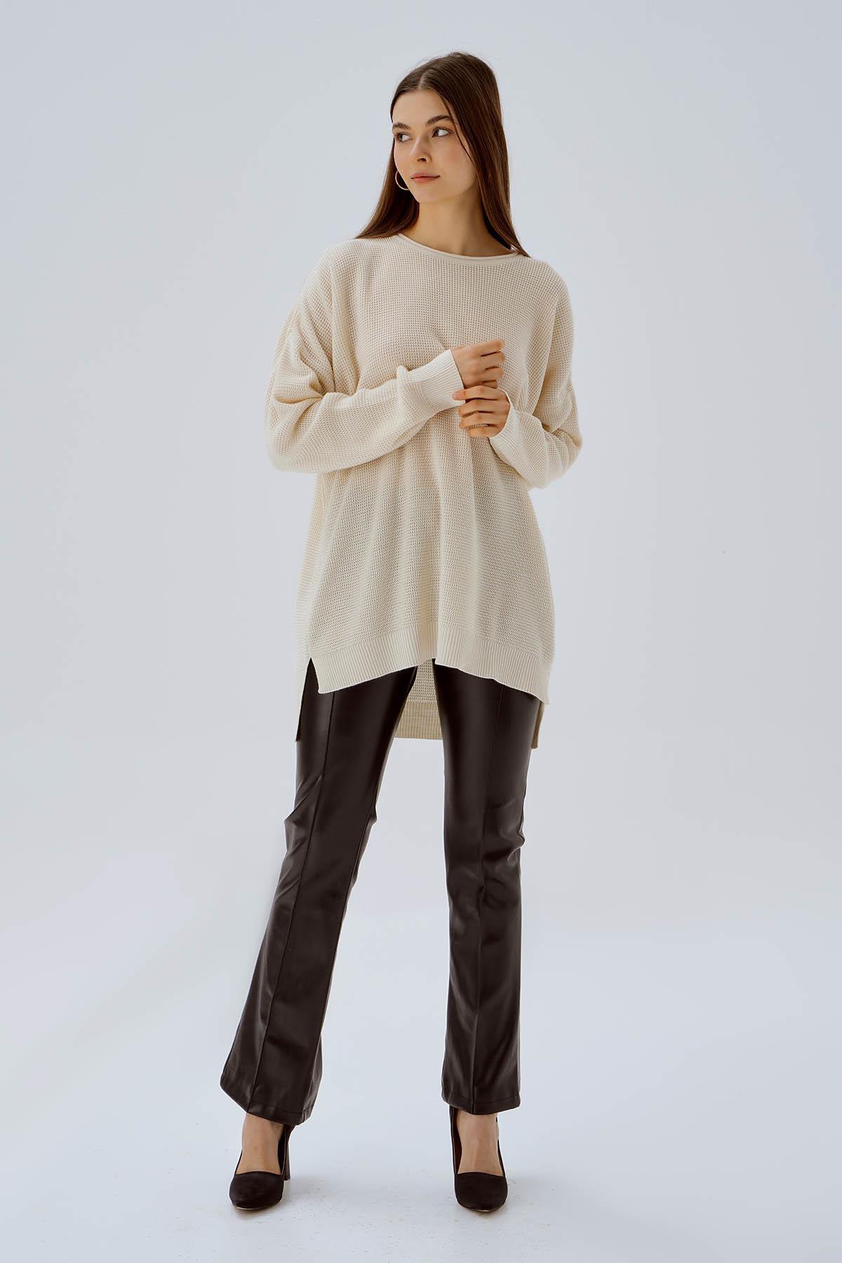 2210 Bisiklet Yaka Yırtmaçlı Kazak Ekru - RAYS