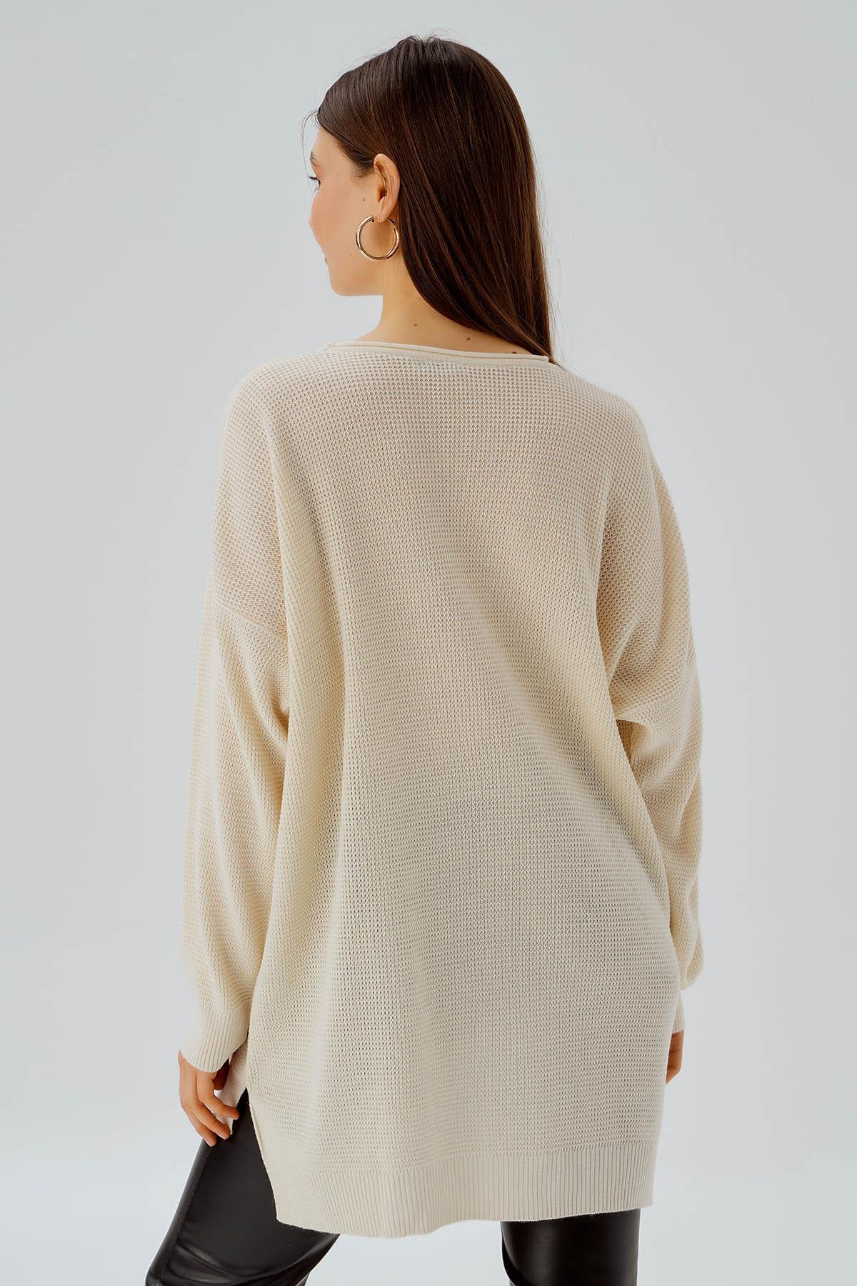 Ekru Bisiklet Yaka Yırtmaçlı Kazak 2210 - 5