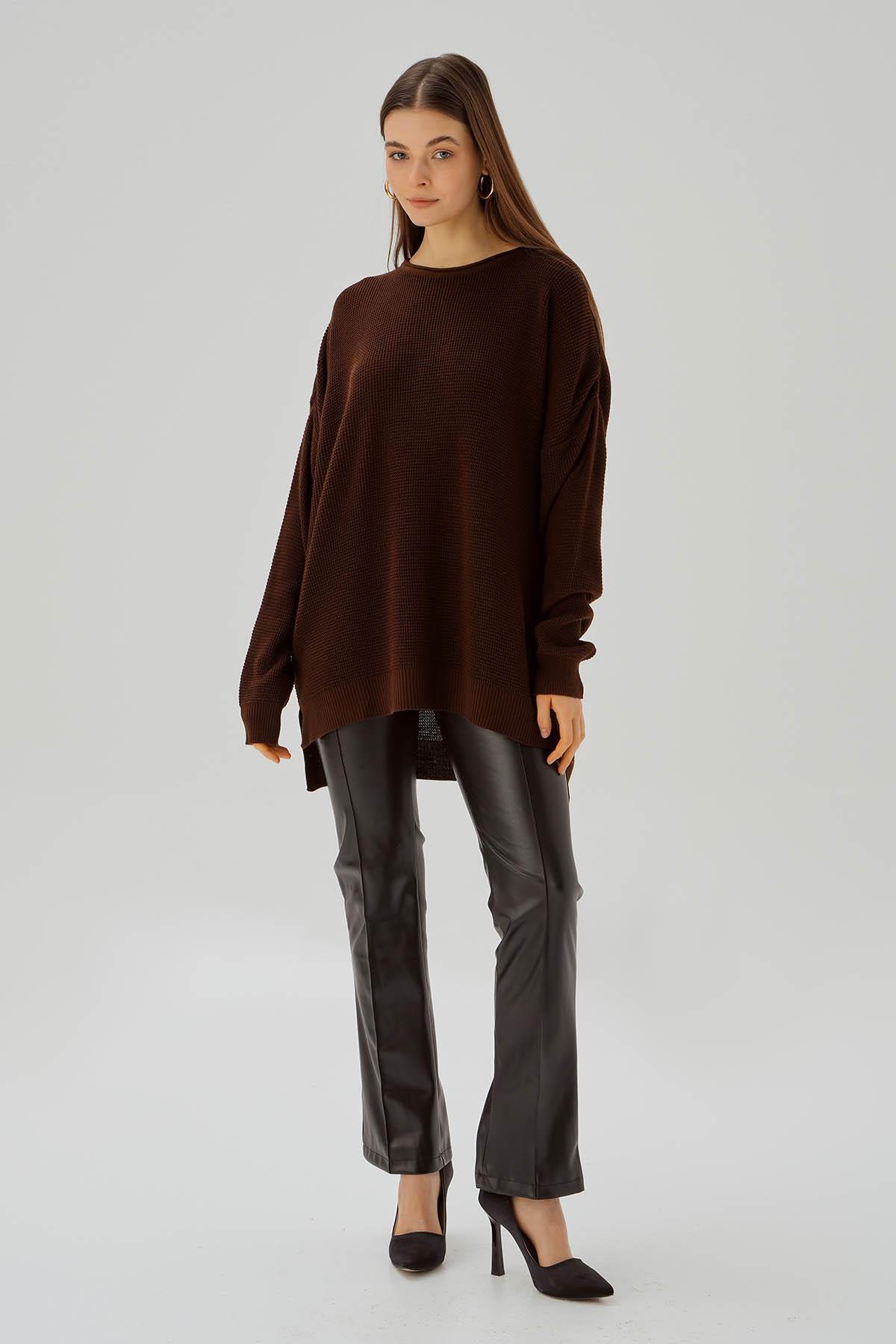 2210 Bisiklet Yaka Yırtmaçlı Kazak Kahve - 2