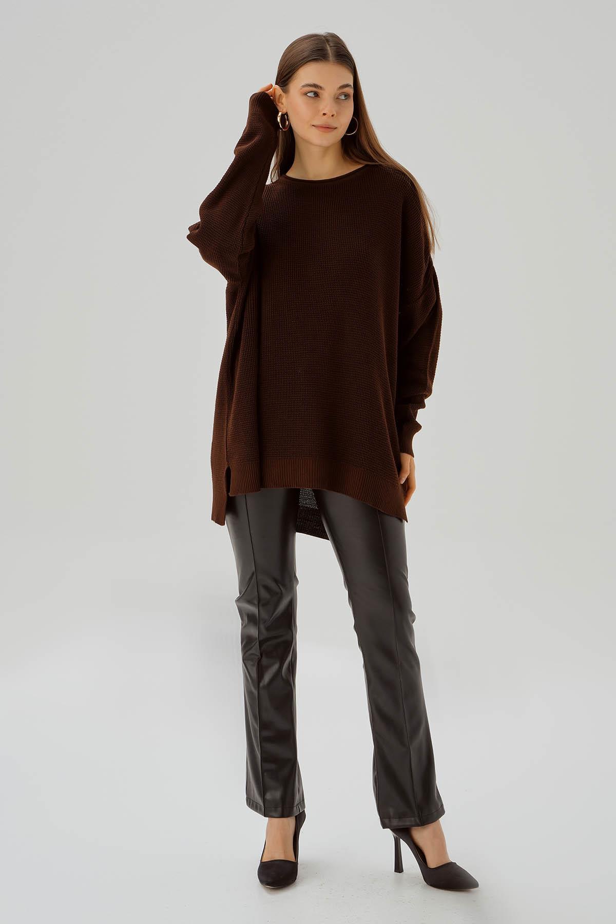 Kahve Bisiklet Yaka Yırtmaçlı Kazak 2210 - 3