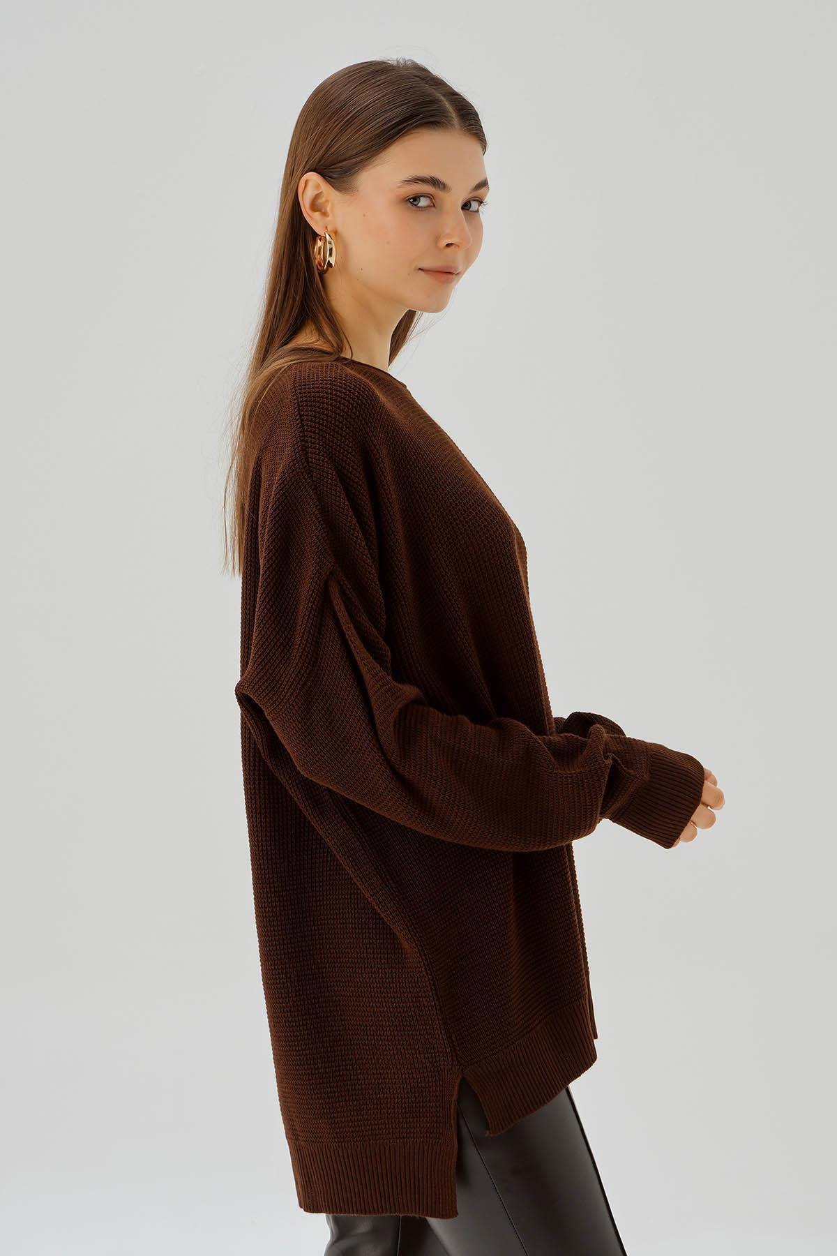 Kahve Bisiklet Yaka Yırtmaçlı Kazak 2210 - 4