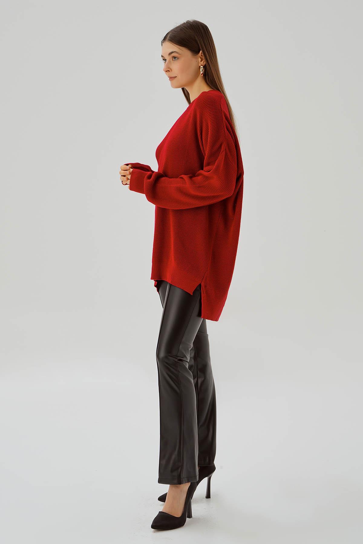 Kırmızı Bisiklet Yaka Yırtmaçlı Kazak 2210 - 2