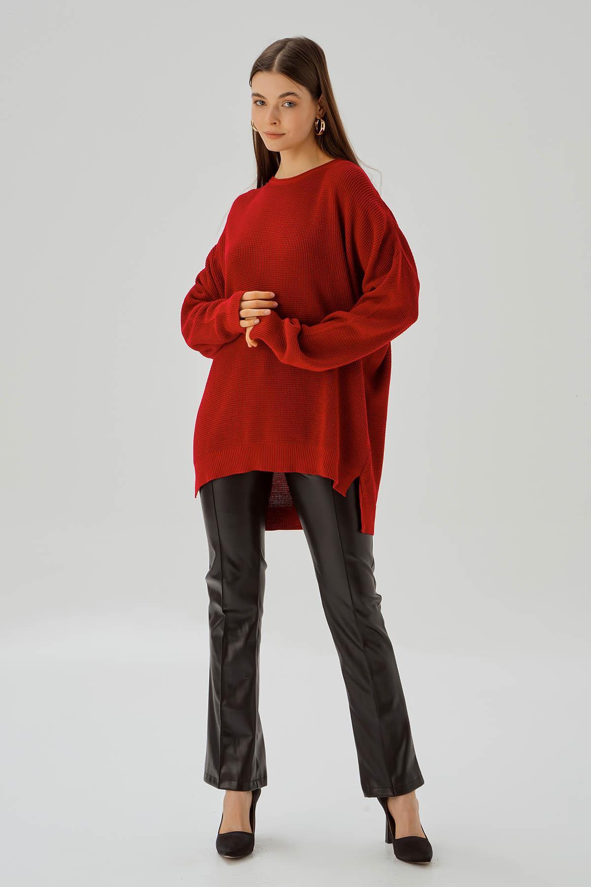 Kırmızı Bisiklet Yaka Yırtmaçlı Kazak 2210 - 3