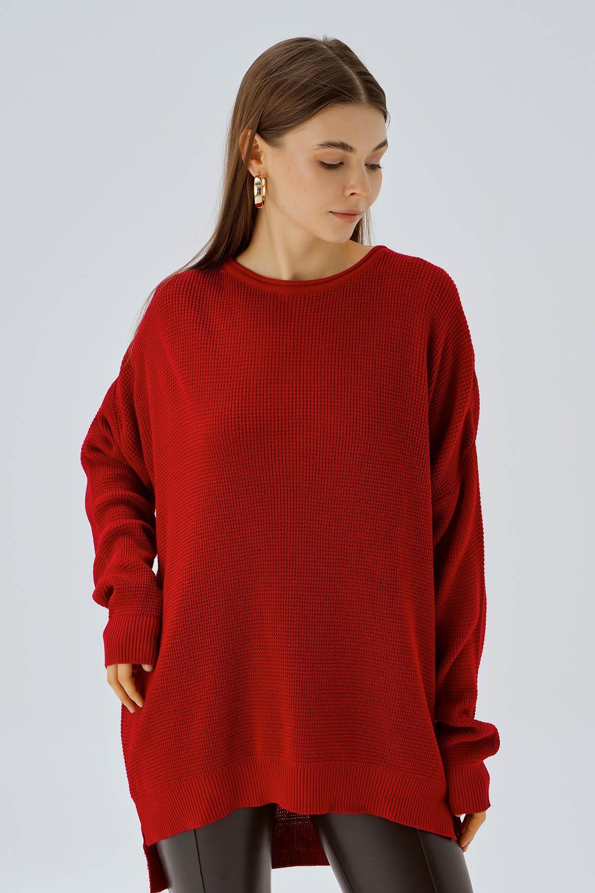 Kırmızı Bisiklet Yaka Yırtmaçlı Kazak 2210 - 4