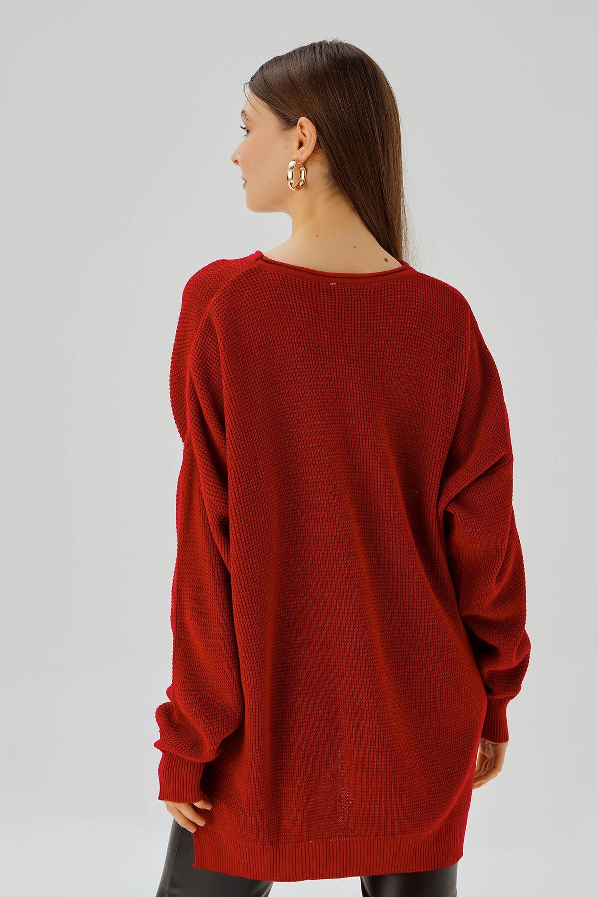 Kırmızı Bisiklet Yaka Yırtmaçlı Kazak 2210 - 5