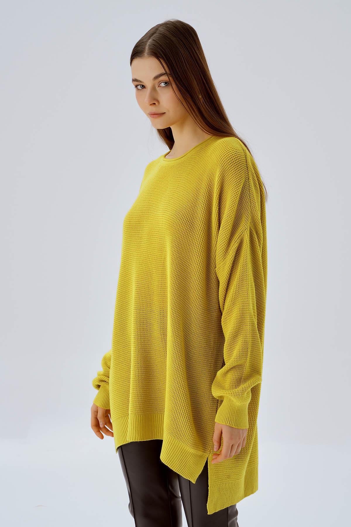 Yağ Yeşili Bisiklet Yaka Yırtmaçlı Kazak 2210 - 4