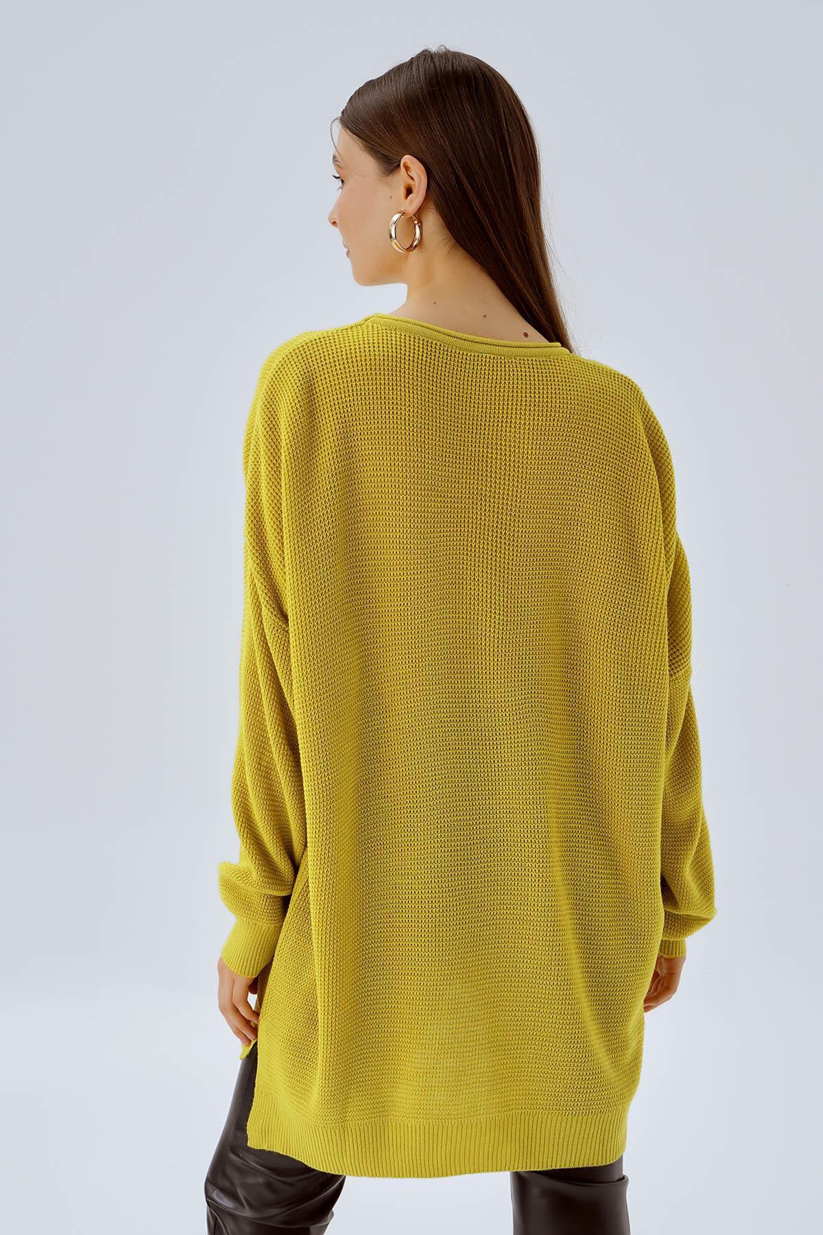 Yağ Yeşili Bisiklet Yaka Yırtmaçlı Kazak 2210 - 5