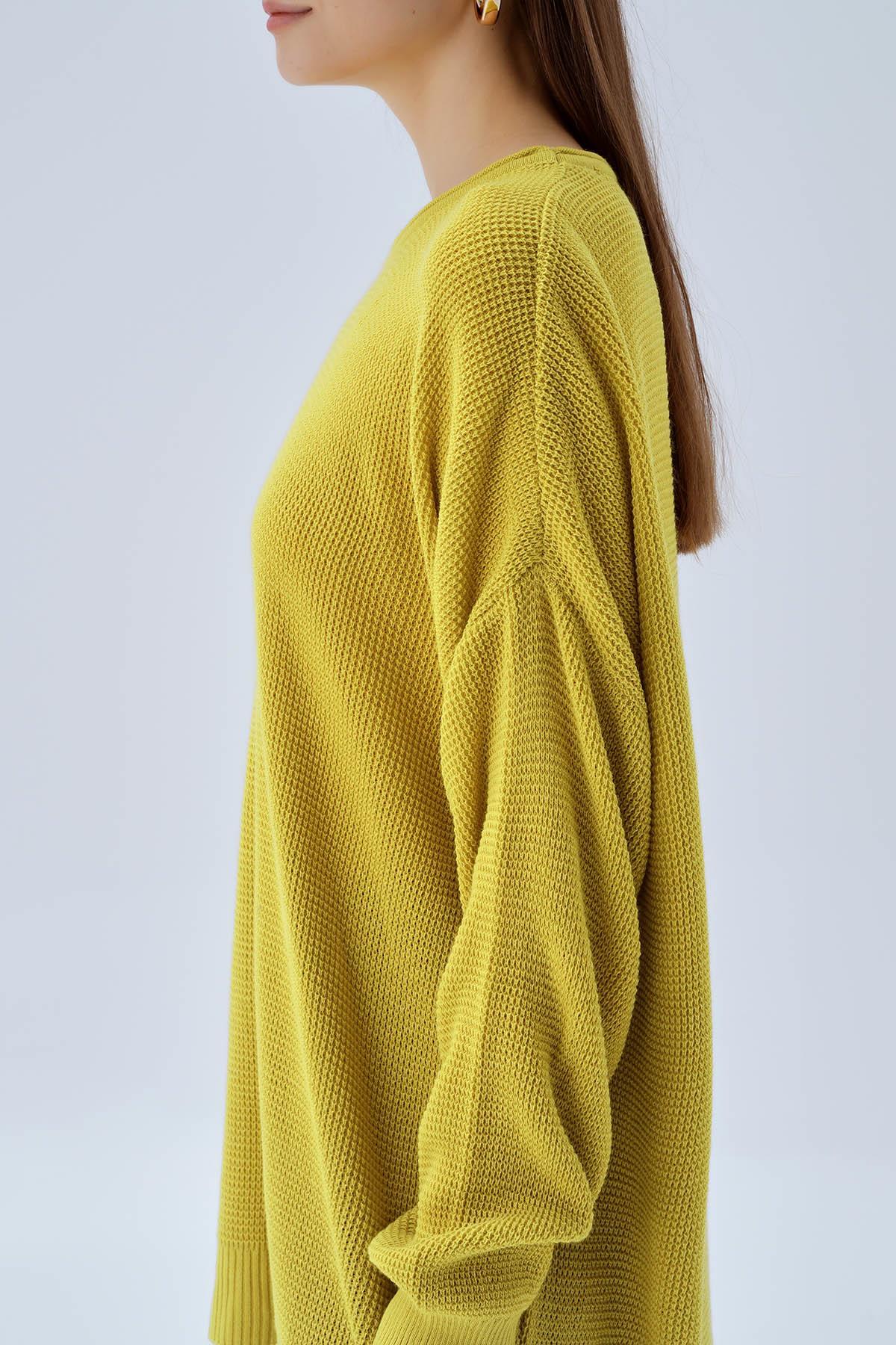 Yağ Yeşili Bisiklet Yaka Yırtmaçlı Kazak 2210 - 6