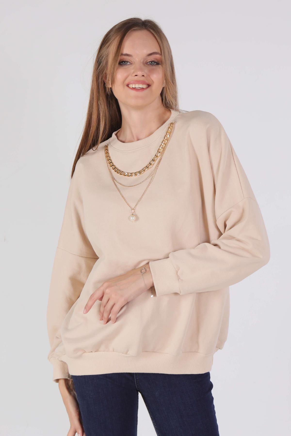 221128 Zincir Kolye Detay Sweat Bej - 1